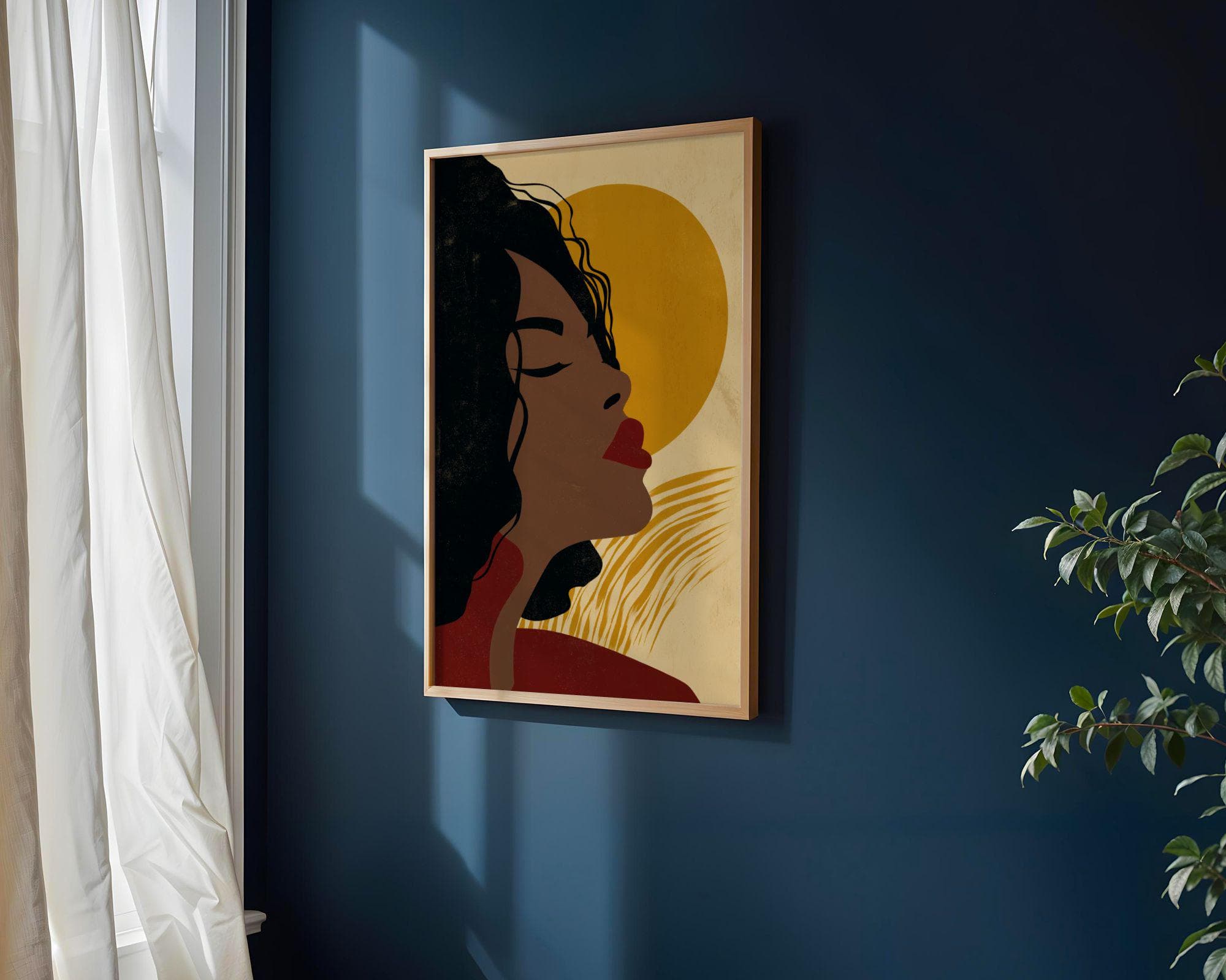 Black Woman Wall Art, Red Lips Portrait, Golden Sun, Boho Neutral Decor Print, Modern Afrocentric Decor, Earthy Neutral Art, Digital Print - view 2