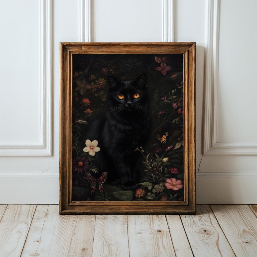 Floral Black Cat Print, Flower Cat Vintage Poster, Dark Academia Printable, Dark Cottagecore Decor, Gothic Oil Painting, Whimsical Black Cat