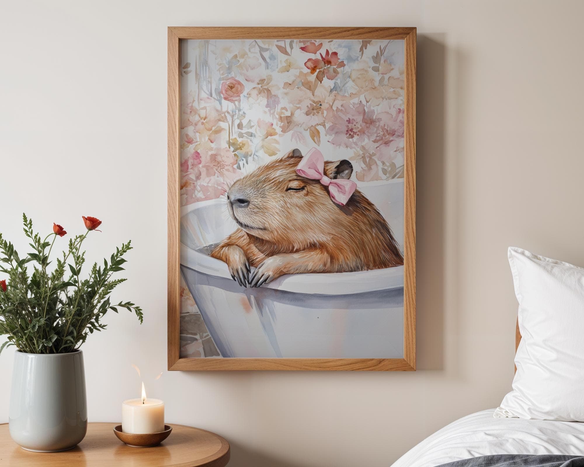 Capybara Wall Art, Pink Bow Capybara Print, Funny Bathroom Decor, Cute Capybara Poster, Bathtub Wall Art, Watercolor Capybara Print - view 6
