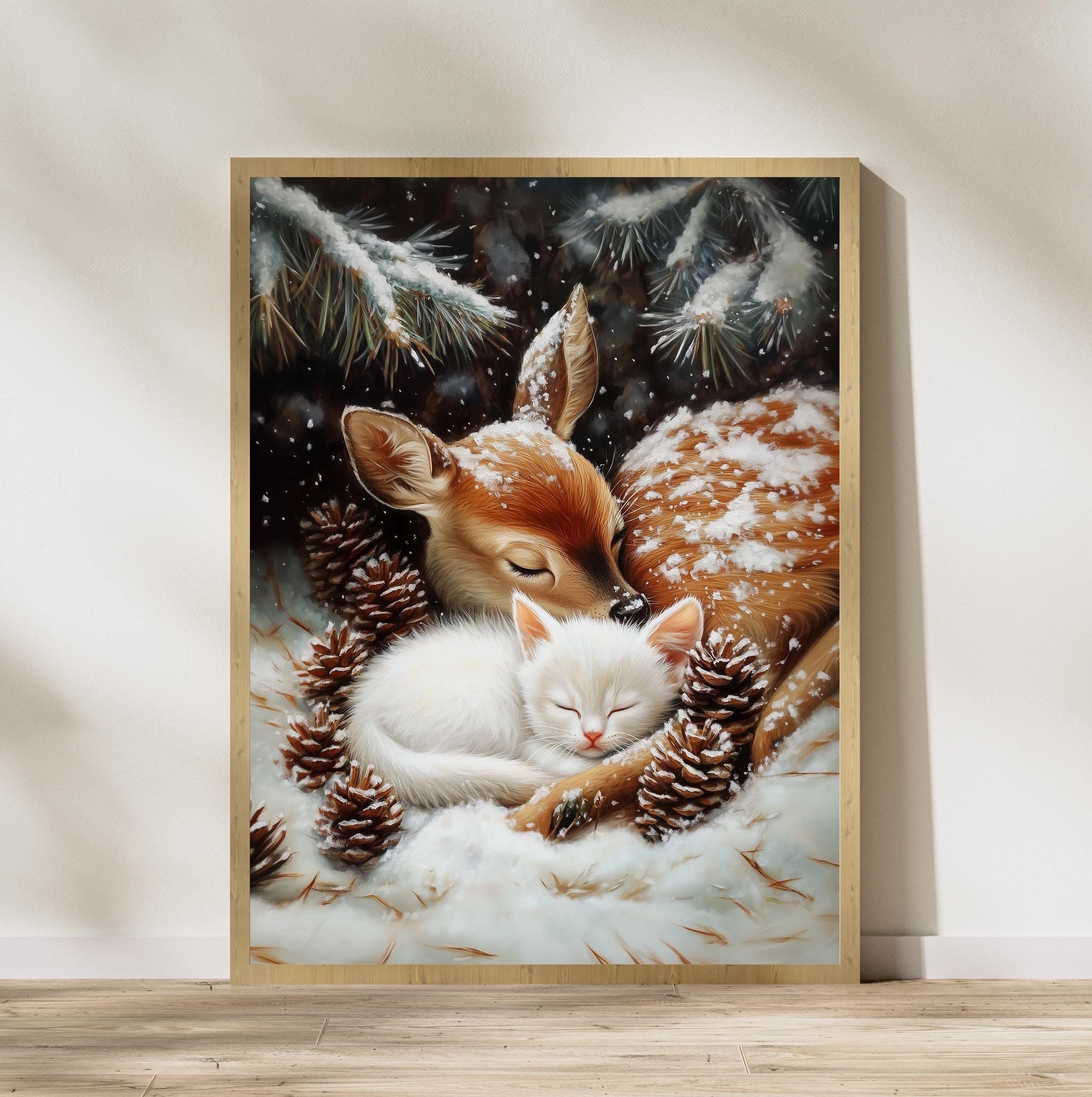 Fawn and White Cat Christmas Poster, Baby Deer and Kitten Xmas Cat Wall Art, Winter Animal Wall Decor, Farmhouse Holiday Decor, Digital Art