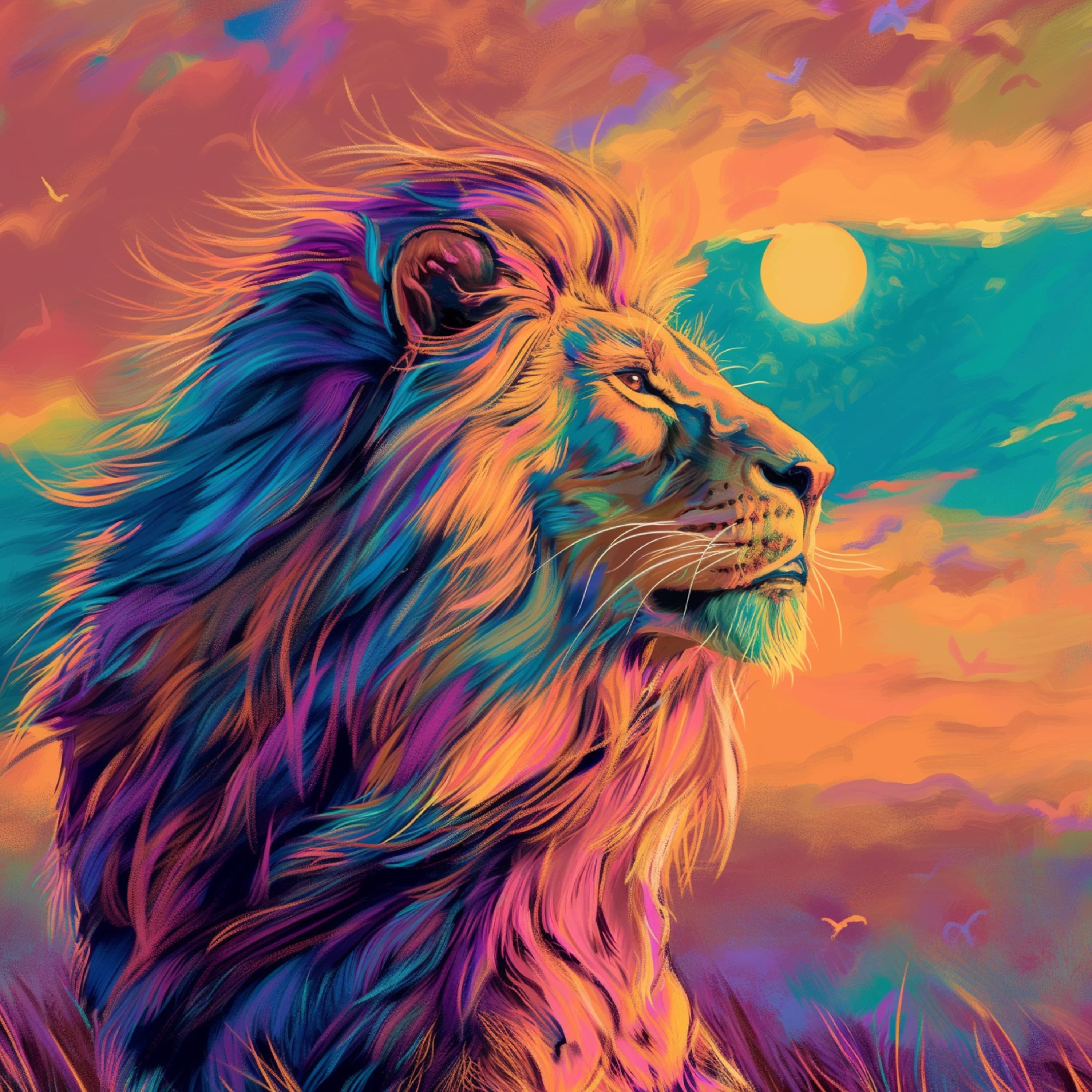 Majestic Lion Sunset Oil Painting Poster, Colorful Animal Poster, Printable Animal Art, Digital Lion Art, Maximalist Lion Poster, Lion Art - view 2