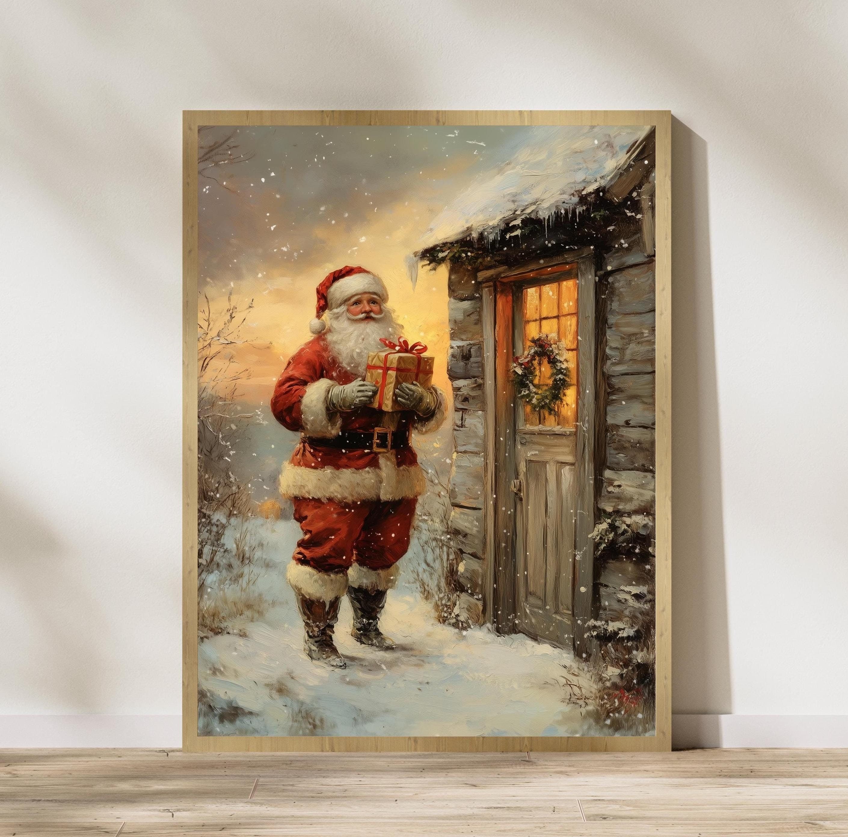 Santa Delivering Christmas Gift Poster, Digital Download, Christmas Eve Santa Art - Winter Wonderland Rustic Decor,Holiday Wall Art Painting