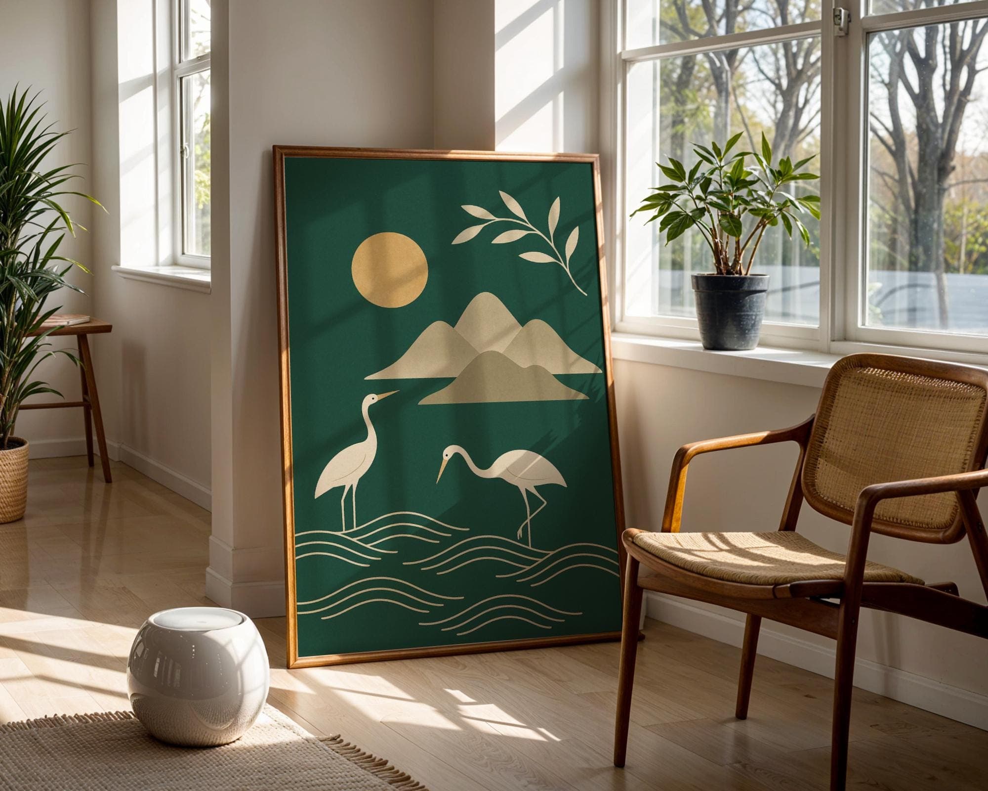 Abstract Bird Wall Art, Emareld Green Japandi Wall Art, Modern Asian Bird Poster, Minimalist Crane Wall Art, Zen Crane and Waves Print - view 2