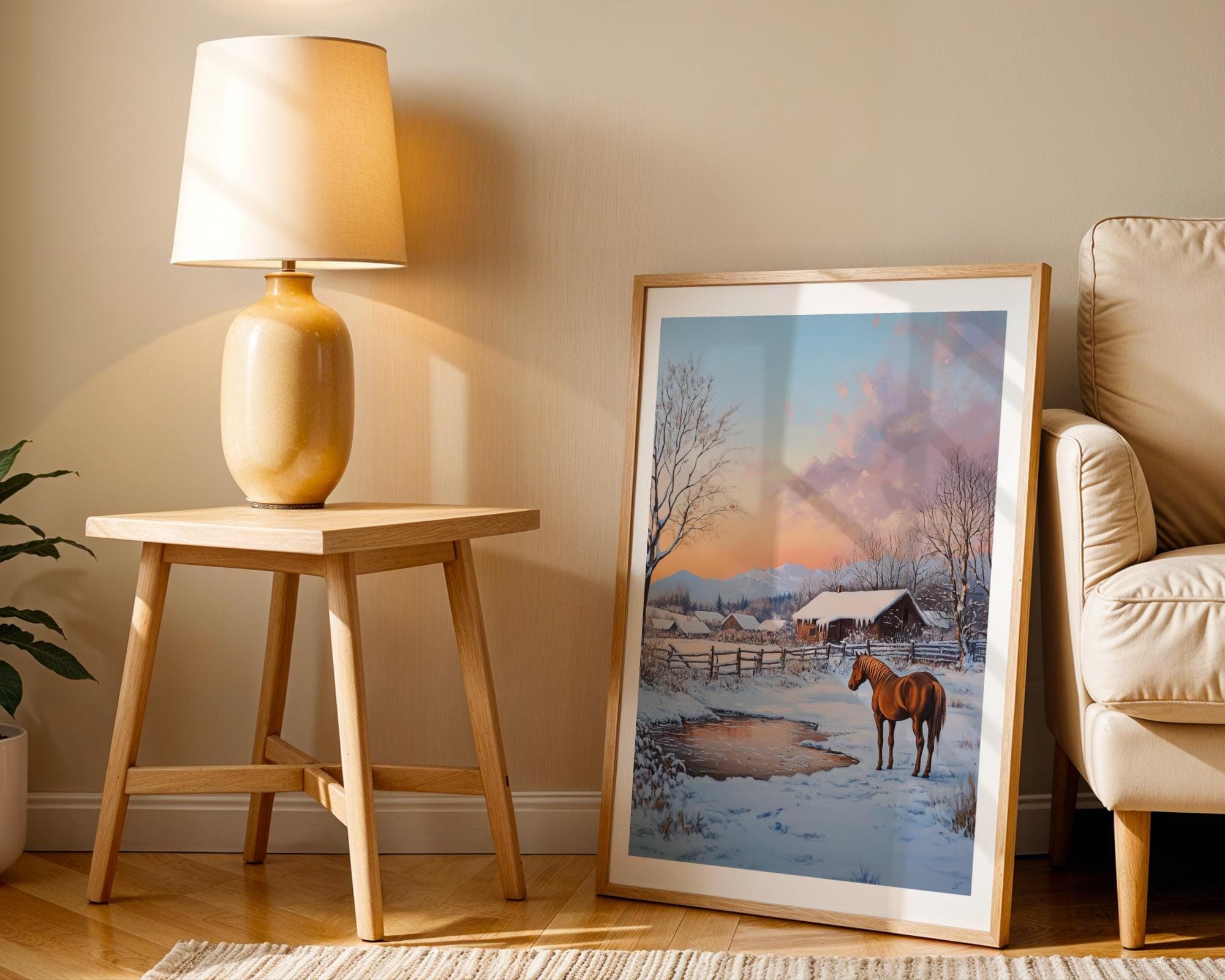 Winter Horse Wall Art, Snowy Farmhouse Landscape Print, Rustic Farm Winter Art, Horse Barn Landscape Painting, Digital Download, Horse Art - view 3