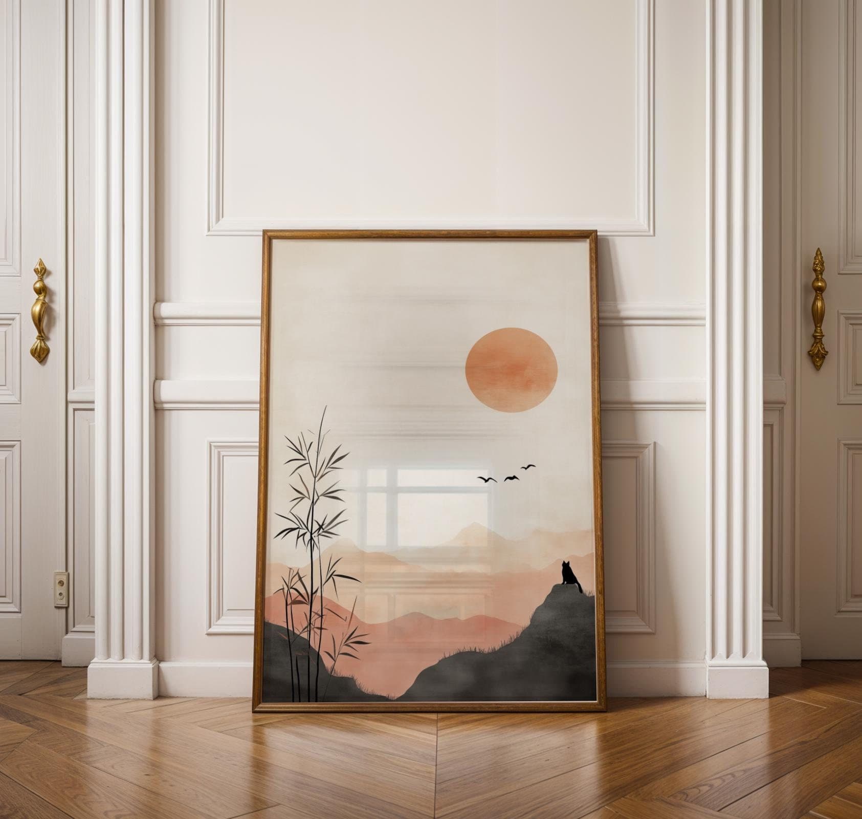 Minimalist Japanese Sunset Wall Art, Bamboo and Cat Silhouette Wall Decor, Wabi Sabi Wall Art, Japandi Digital Wall Art, Zen Wall Art