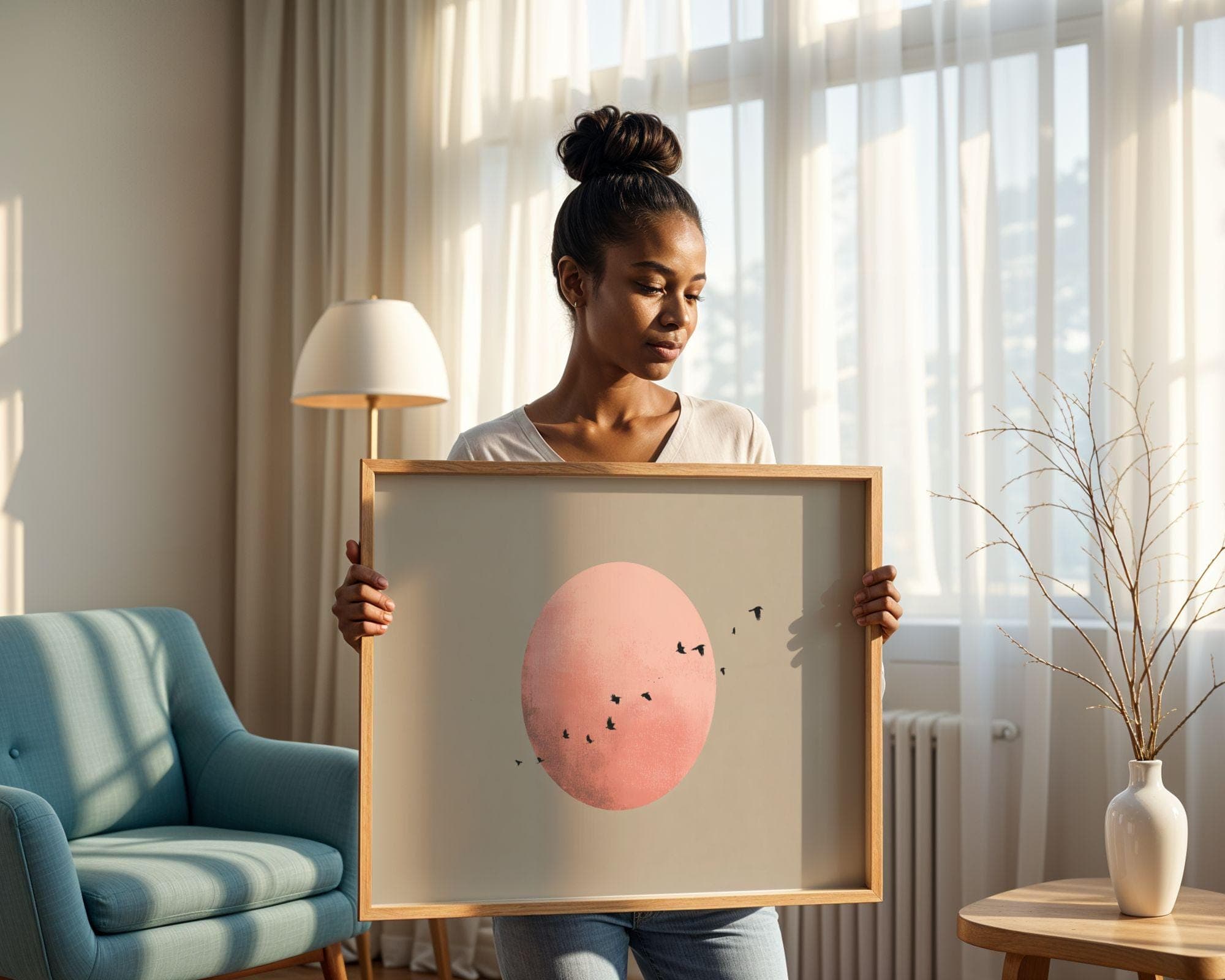 Flying Birds Across Pink Sun Poster, Japandi Wall Art Print, Flying Birds Art, Minimalist Landscape Art, Pink Moon Decor, Scandinavian Print - view 6