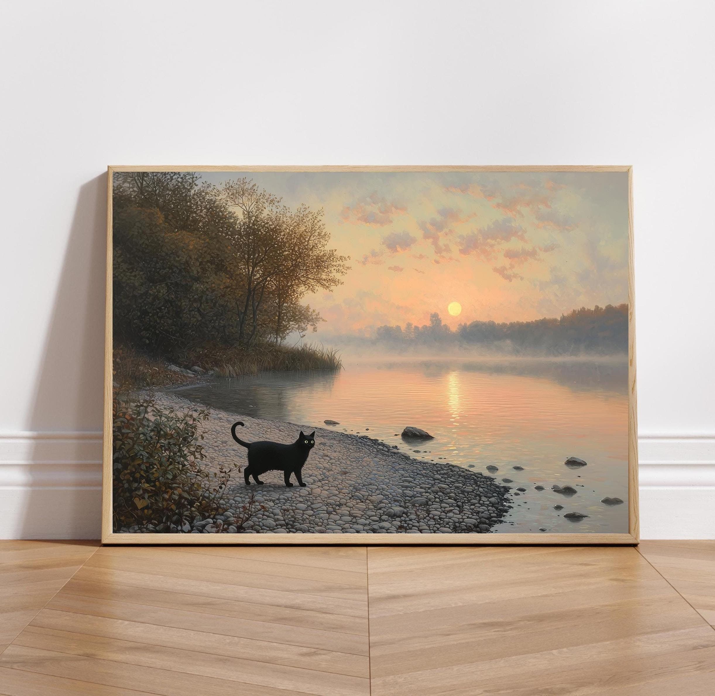 Vintage Black Cat Wall Art, Moody Cat Painting Wall Art, Digital Wall Art, Cat Printable, Printable Digital, Whimsical Black Cat Wall Art