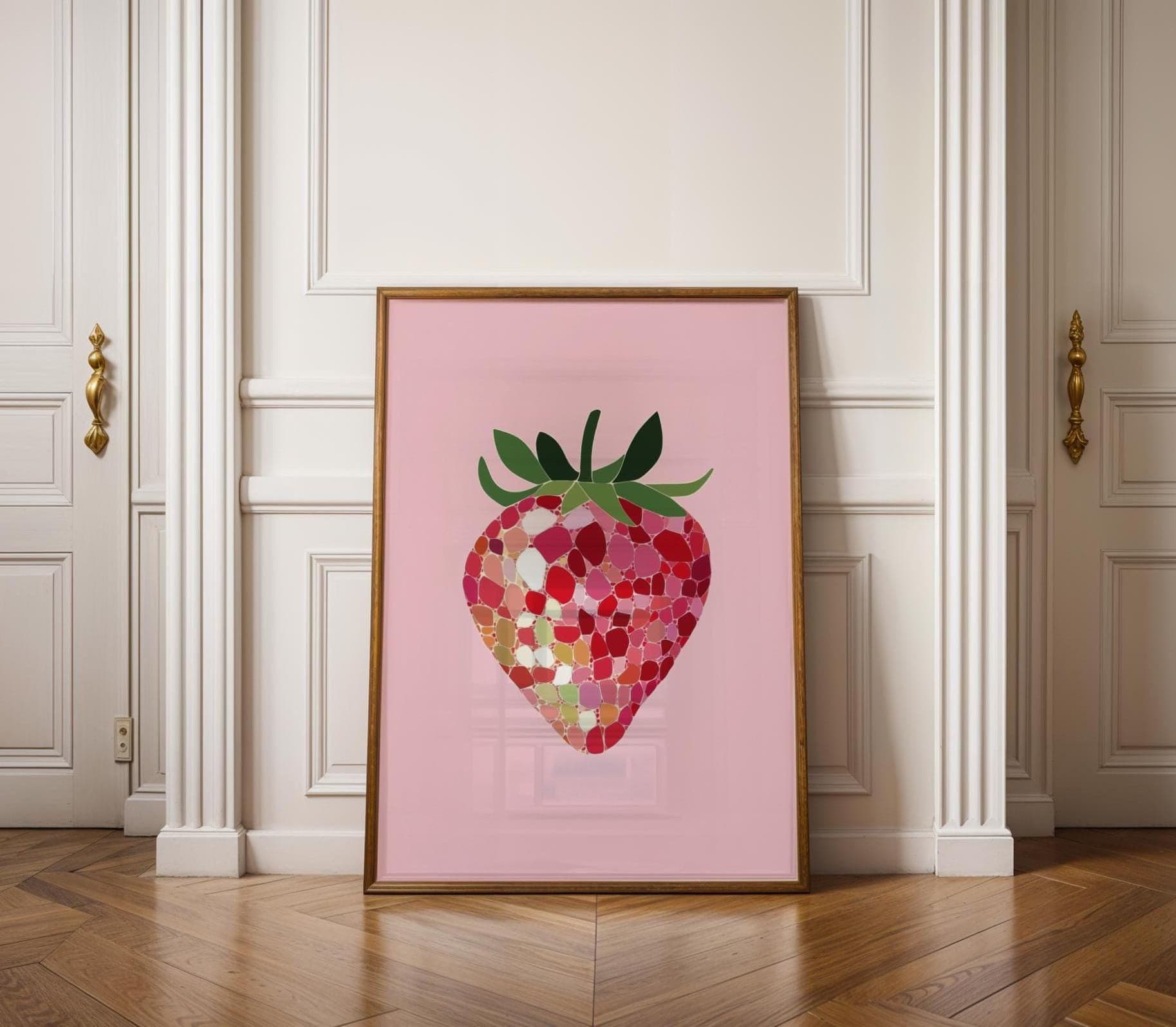 Pink Disco Strawberries Art Print | Wall Art Poster | Pink Kitchen Decor, Preppy | Trendy | Kitchen Decor | Digital PRINTABLE, UNFRAMED Art