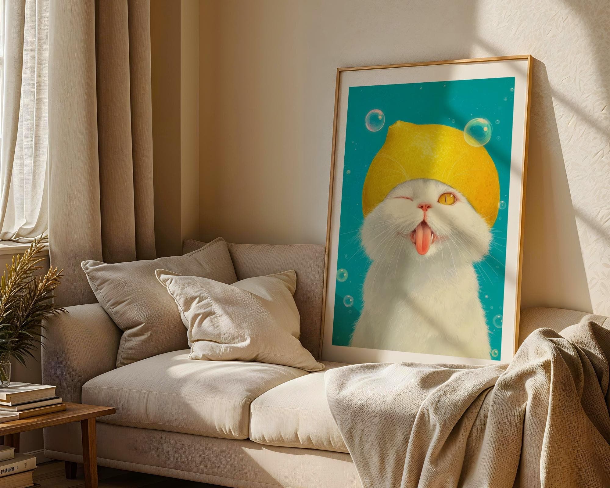 Funny Lemon Hat White Cat Art Print, Whimsical Animal Wall Art, Cute Playful Kitten Wall Art, Art Digital Download, Kawaii Cute Animal Art - view 3