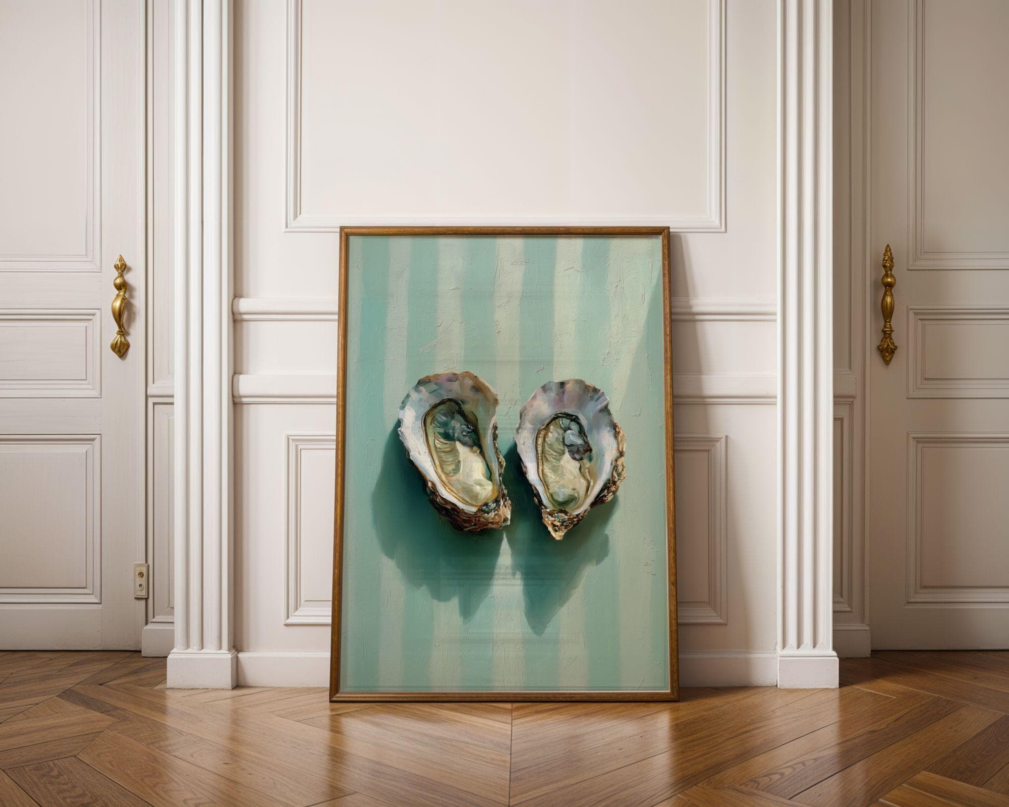 Oyster Shell Wall Art Print, Coastal Bathroom Decor, Mint Stripe Beach House Wall Art, Double Oyster Painting, Preppy Coastal Decor