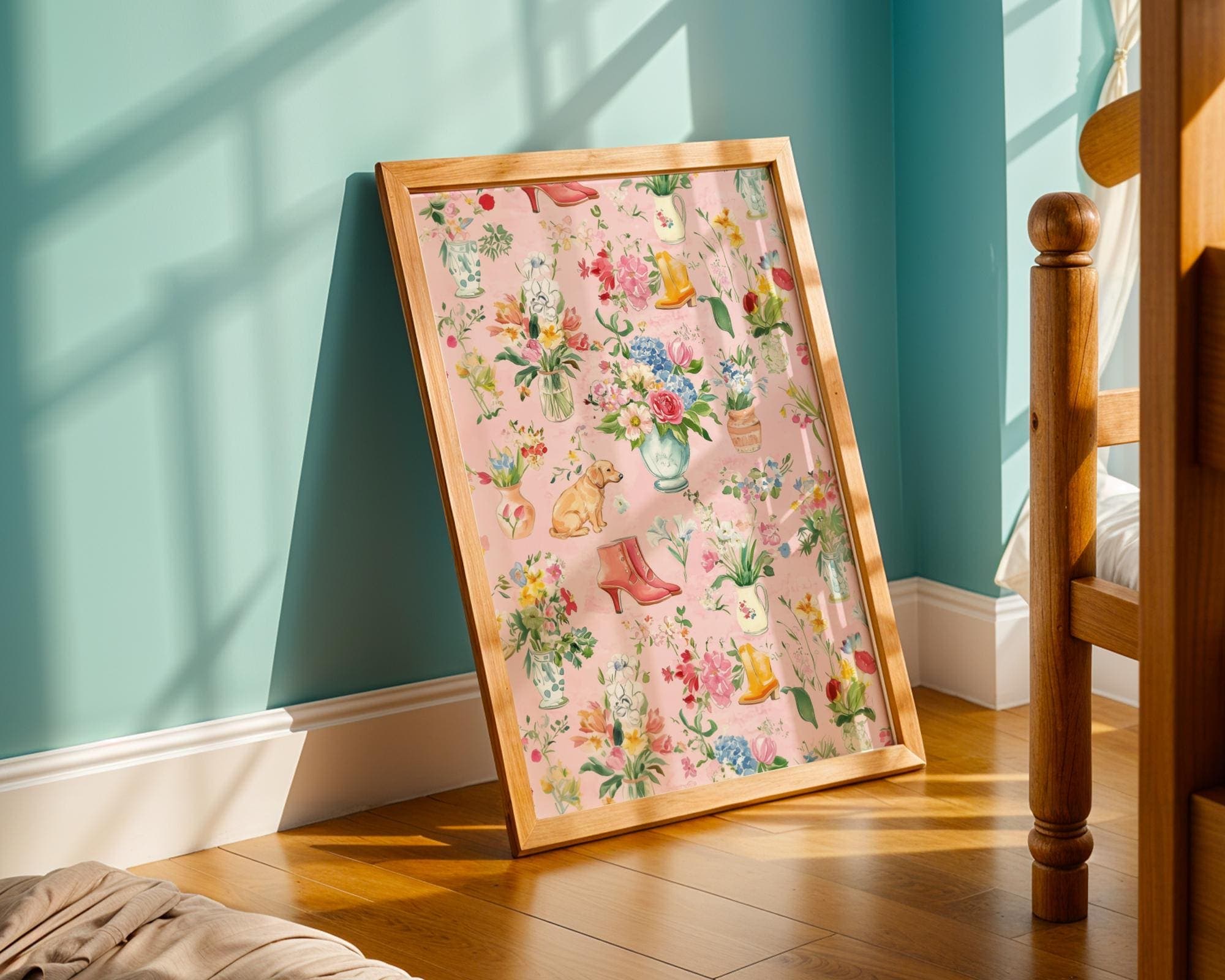 Watercolor Flower and Boots Wall Art, Pink Botanical Poster for Girls' Rooms, Pink Vintage Floral Wall Art with Dog, Boots, and Vases - view 6