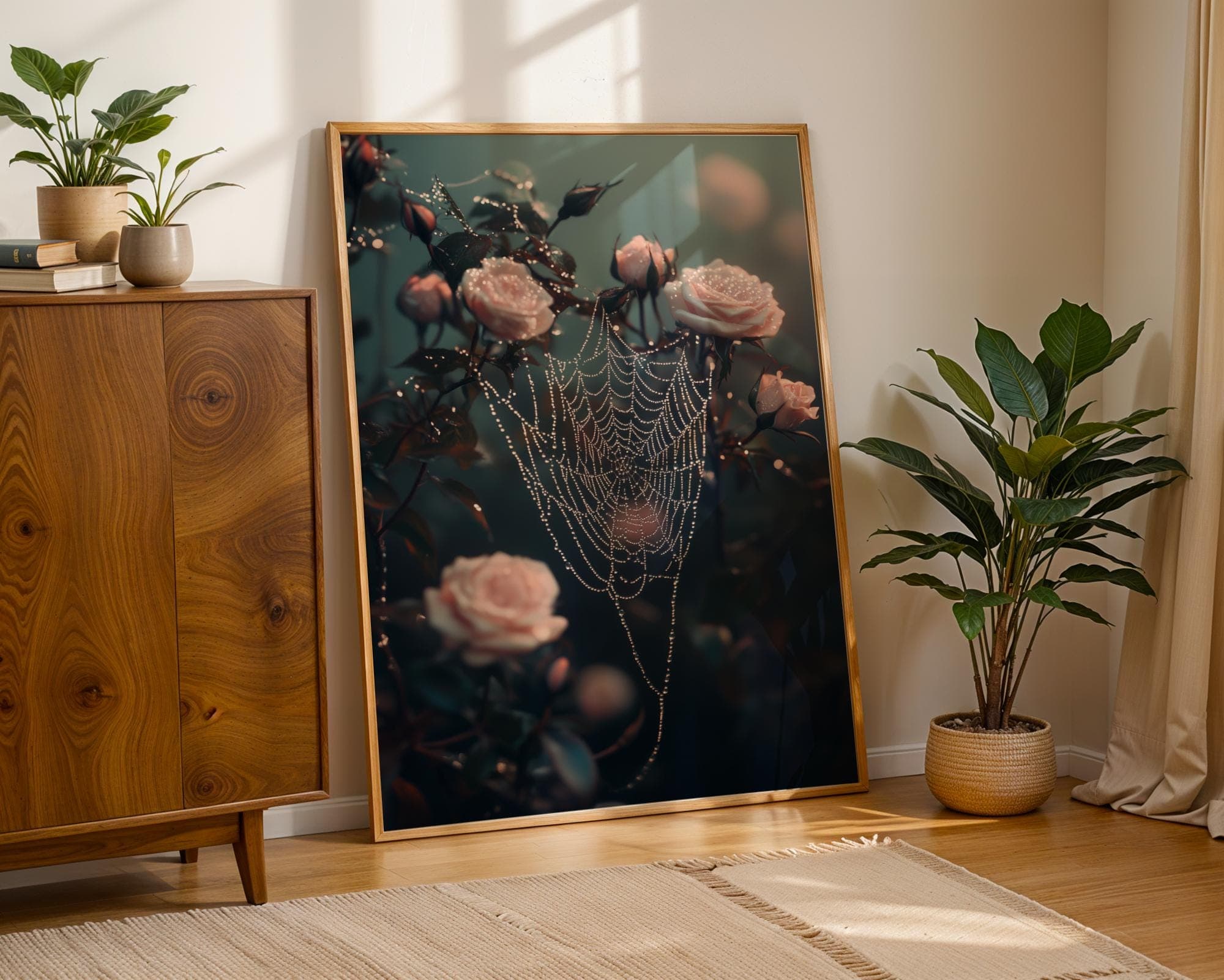 Moody Spiderweb and Pink Rose Wall Art Print, Vintage Botanical Gothic Wall Poster, Dark Academia Decor, Digital Download, Moody Wall Art - view 2
