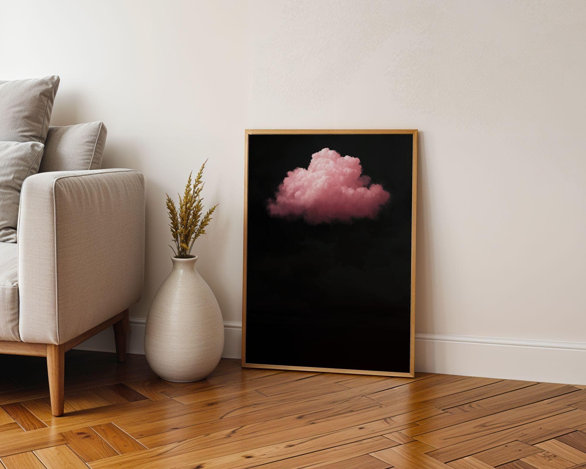 Pink Cloud on Black – Minimalist Wall Art, Floating Pink Cloud, Dark Aesthetic Decor, Minimal Surreal Art, Surreal Cloud Print, Digital Art