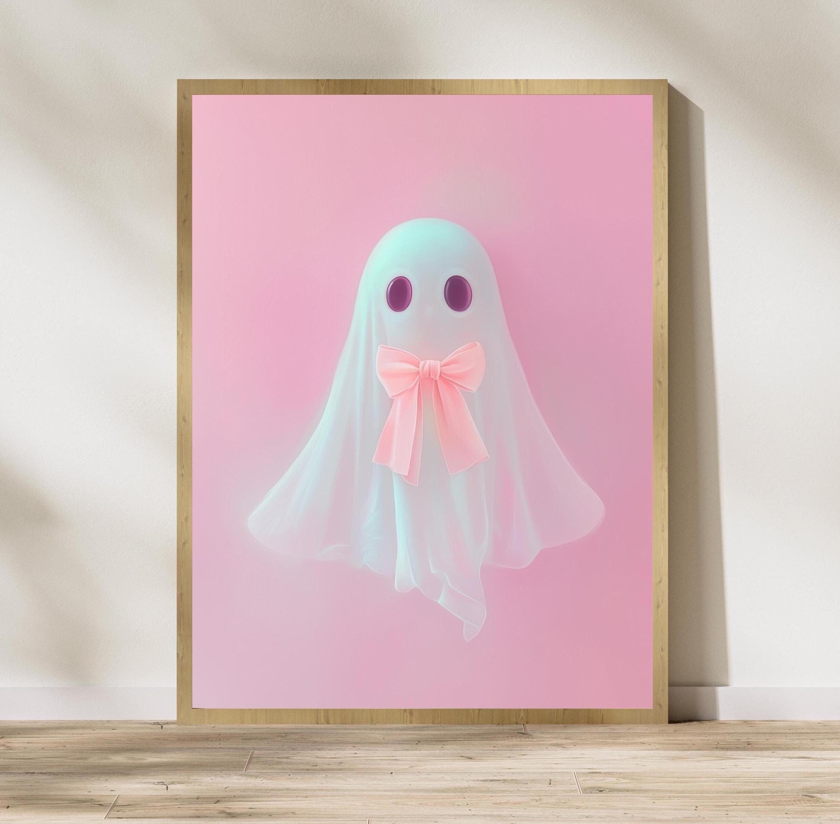 Pink Ghost Wall Art Print Pink Bow Ghost Printable Cute Ghost Painting Coquette Aesthetic Halloween Decor Preppy Trendy Girly Digital Art