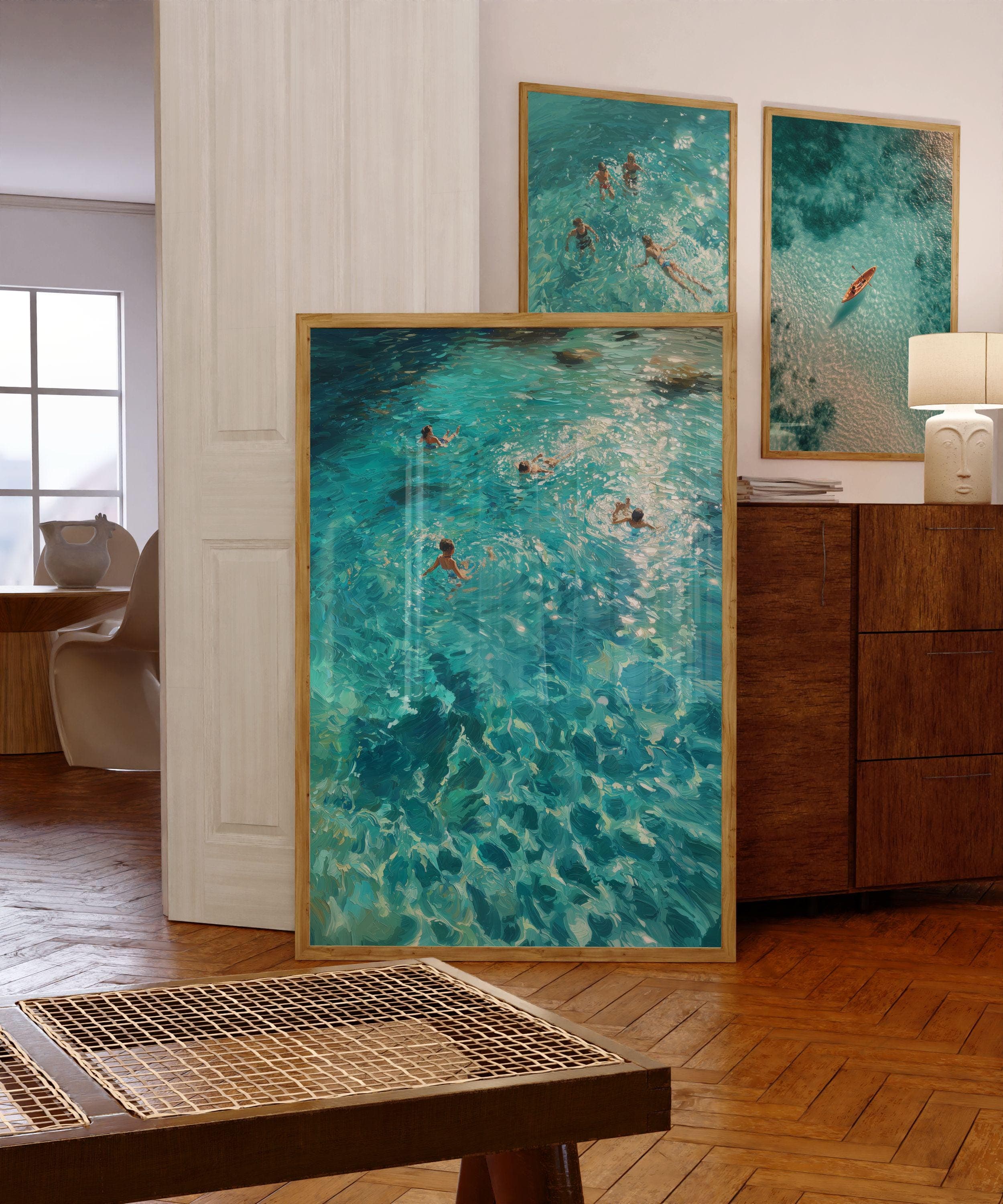 Coastal Wall Art, Turquoise Ocean Swimming Painting, Beach House Wall Decor, Turquoise Sea Wall Art, Seaside Wall Art, Ocean Swim Wall Art