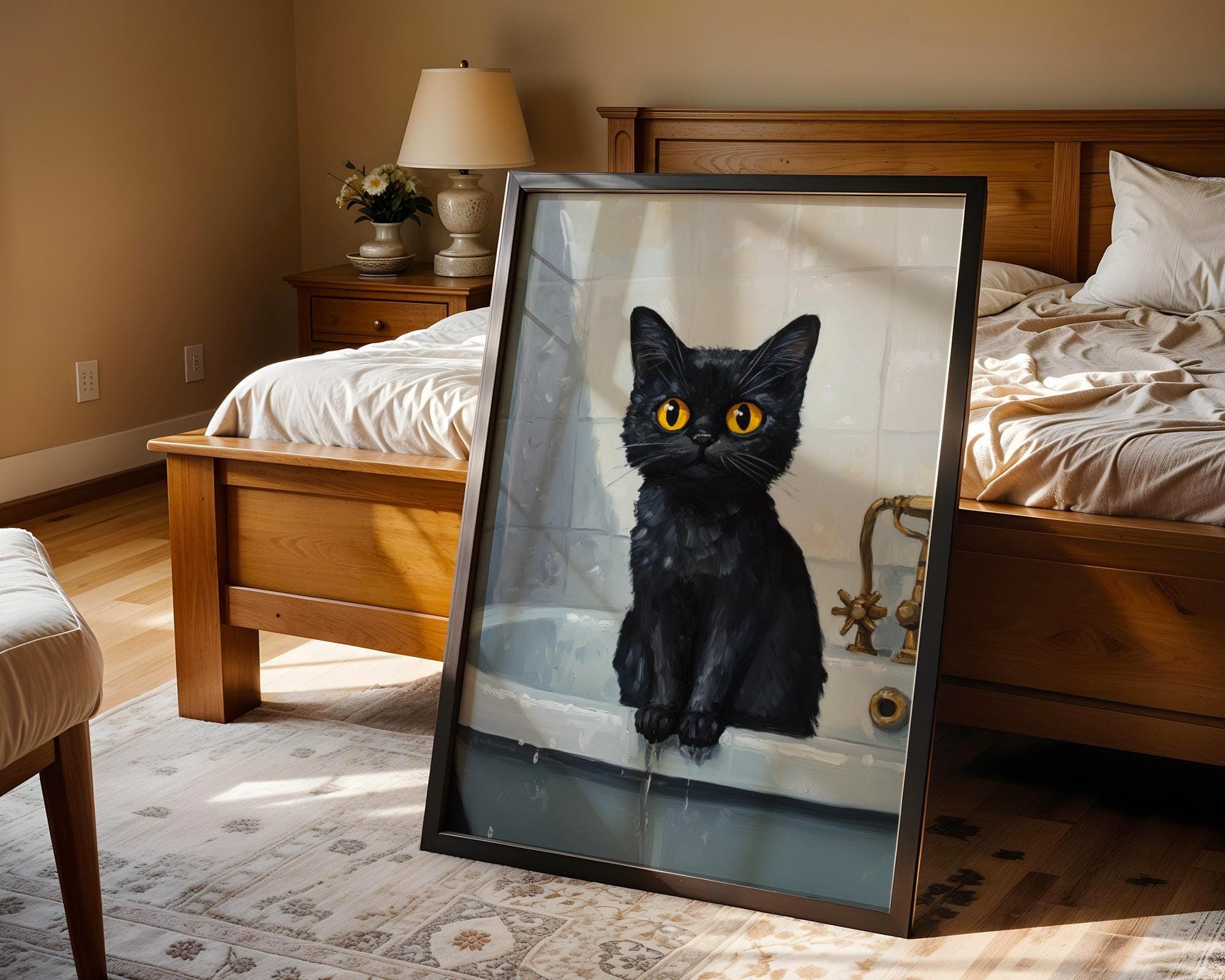 Wet Cat in Bathtub Art - Funny Black Cat Poster, Black Cat in Bathtub Painting, Stylish Cat Bathroom Decor - Moody Black Kitten Art - view 5
