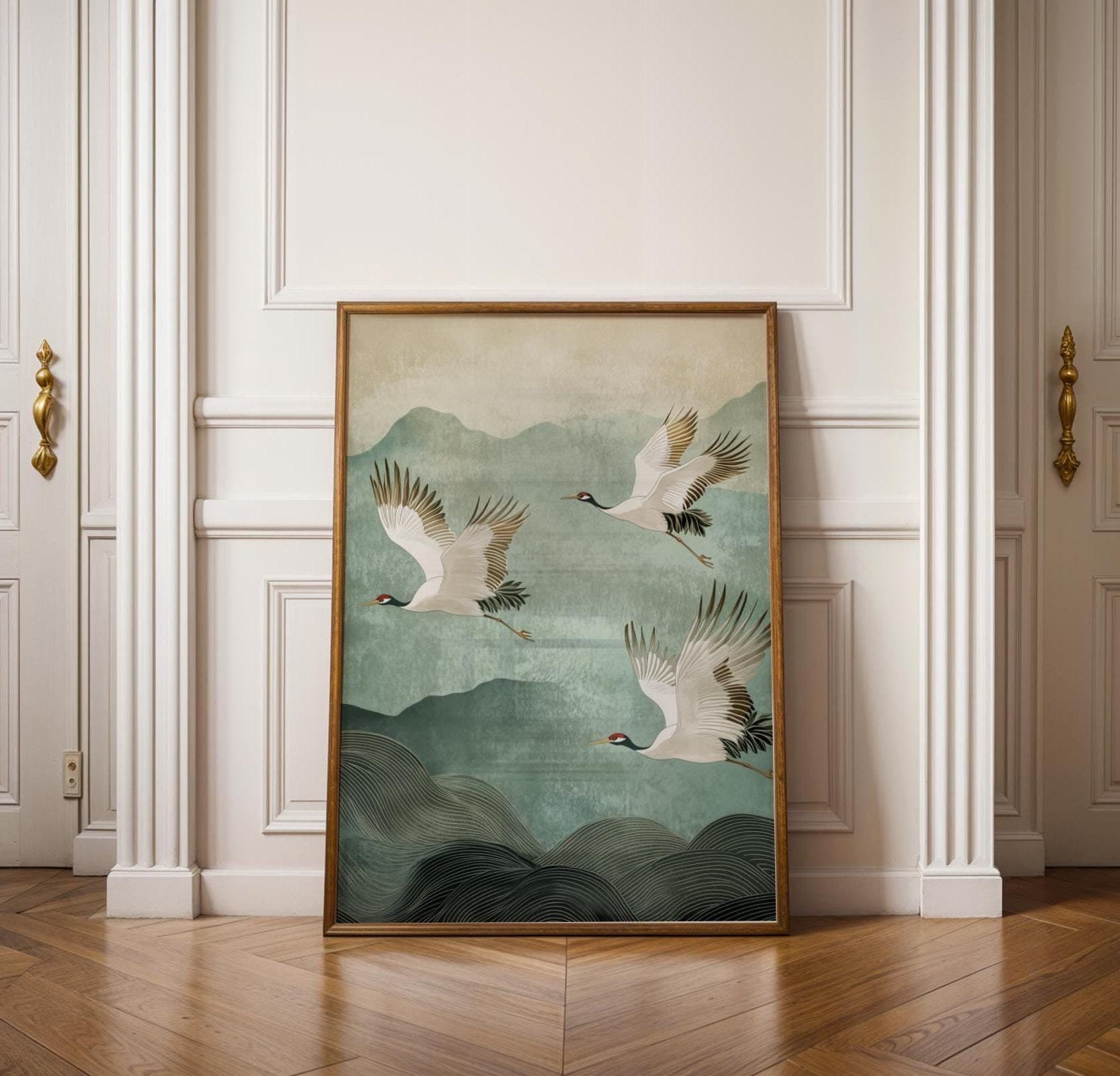 Japandi Wall Art, Japanese Crane Print, Zen Wall Art, Minimalist Bird Poster, Traditional Japanese Art, Wabi Sabi Wall Art, Soft Green Art