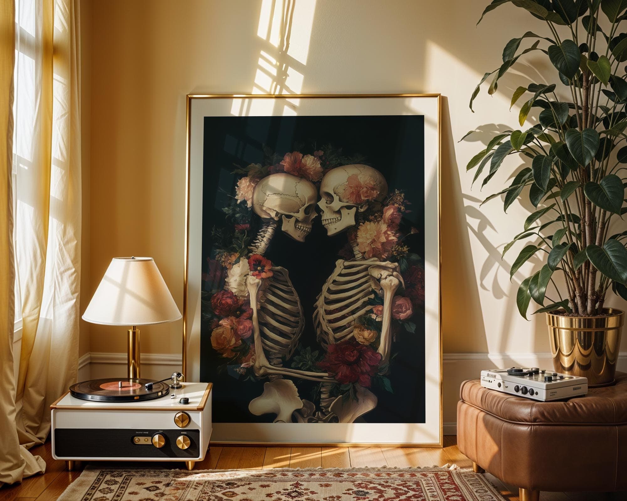 Floral Skeleton Embrace Print – Gothic Love Wall Art, Skeleton Couple Wall Art, Vintage Floral Gothic Romance Print, Floral Skeleton Poster - view 3