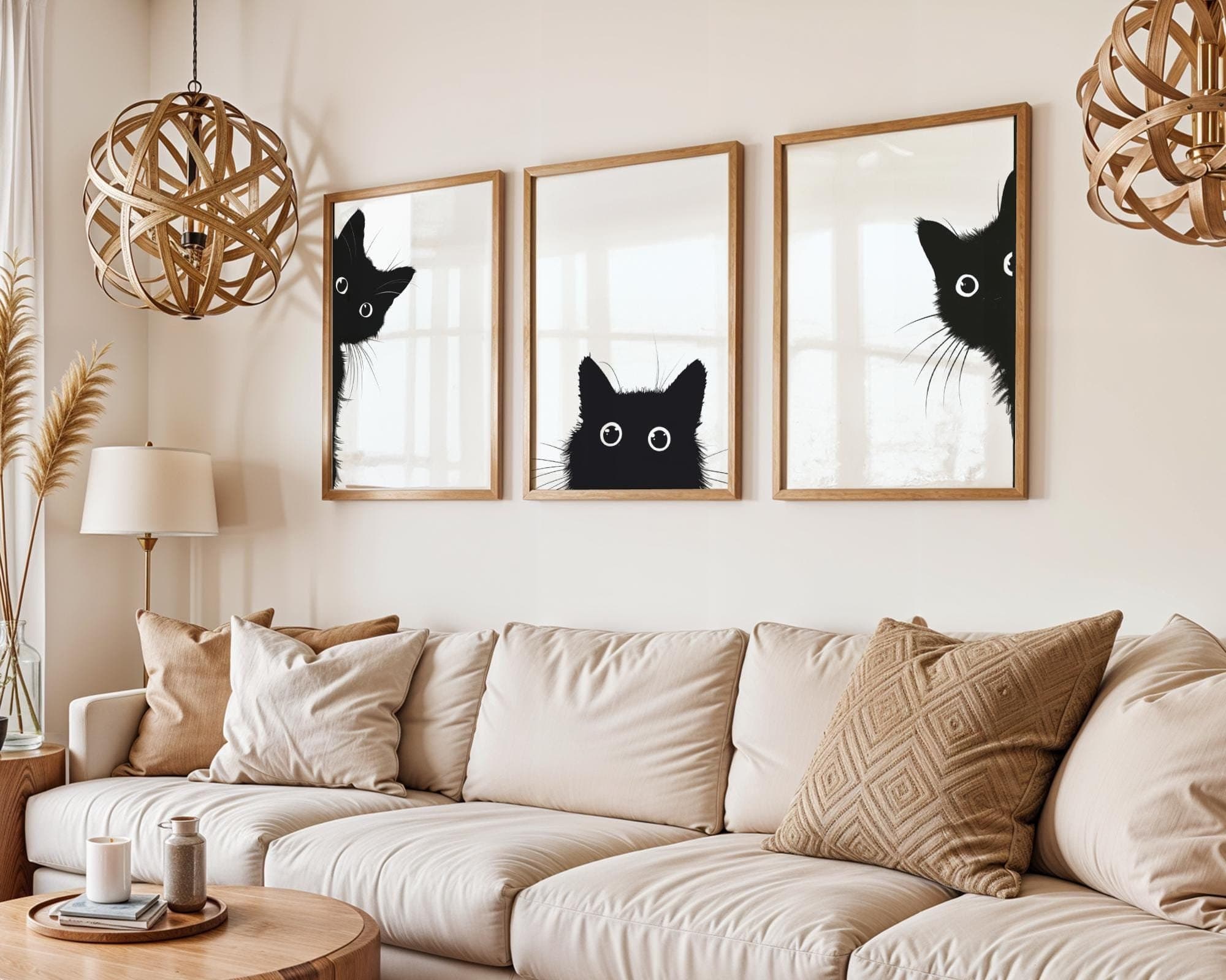 Set of 3 Peeking Black Cat Print Wall Art Poster, Black and White Cat Wall Art, Quirky Cat Decor, Black Cat Art, Set of 3, Quiry Cat Print - view 2