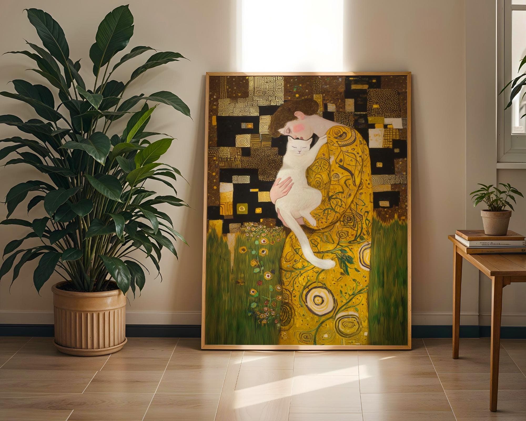 Gustav Klimt Inspired Cat Art Golden Woman with White Cat Painting Print, Whimsical Cat Lover Wall Art, Golden Cat Art Print, Digital Art - view 5