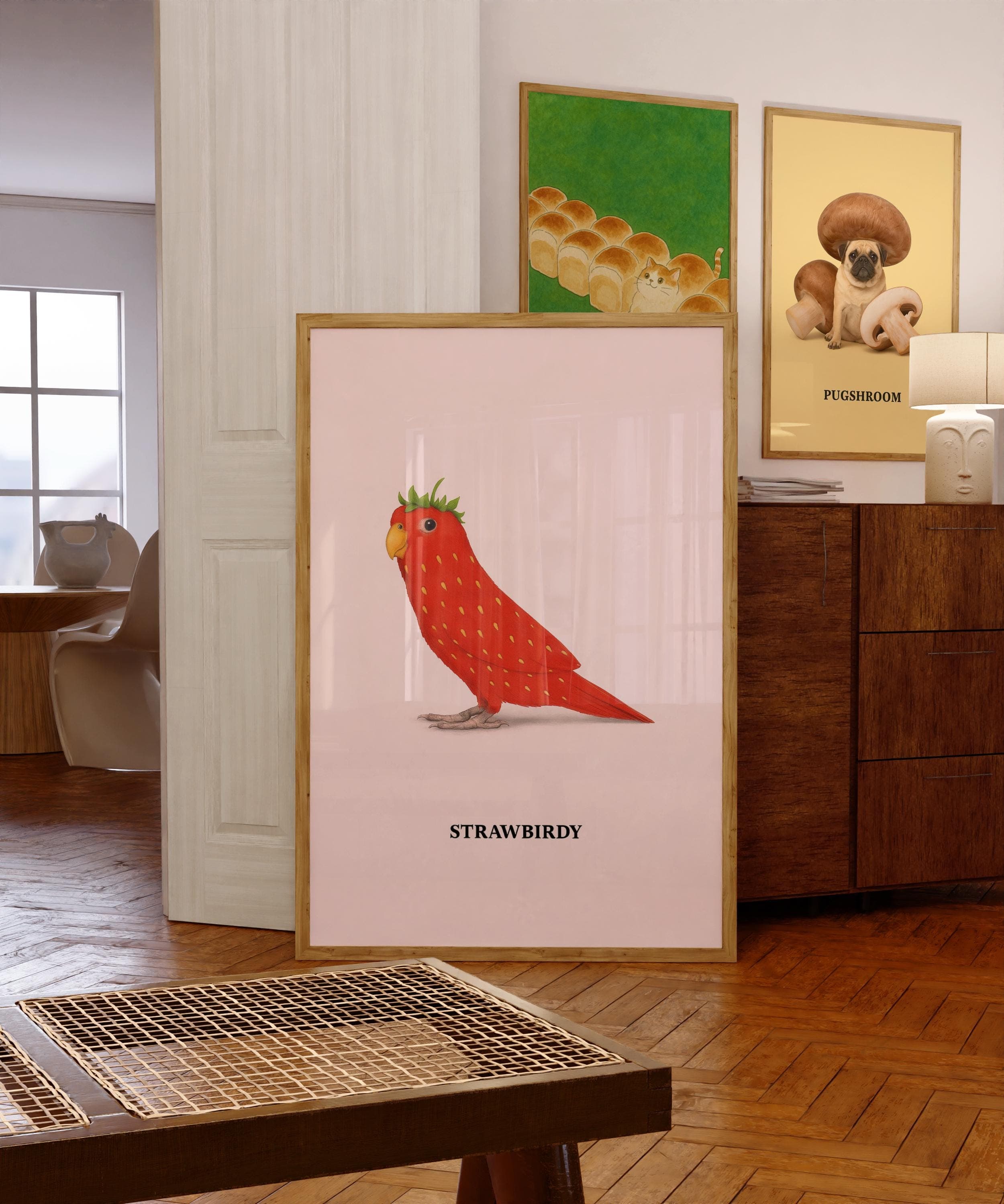 Strawberry Parrot Print: Funny Bird Wall Art, Whimsical Animal Poster (Digital Download)