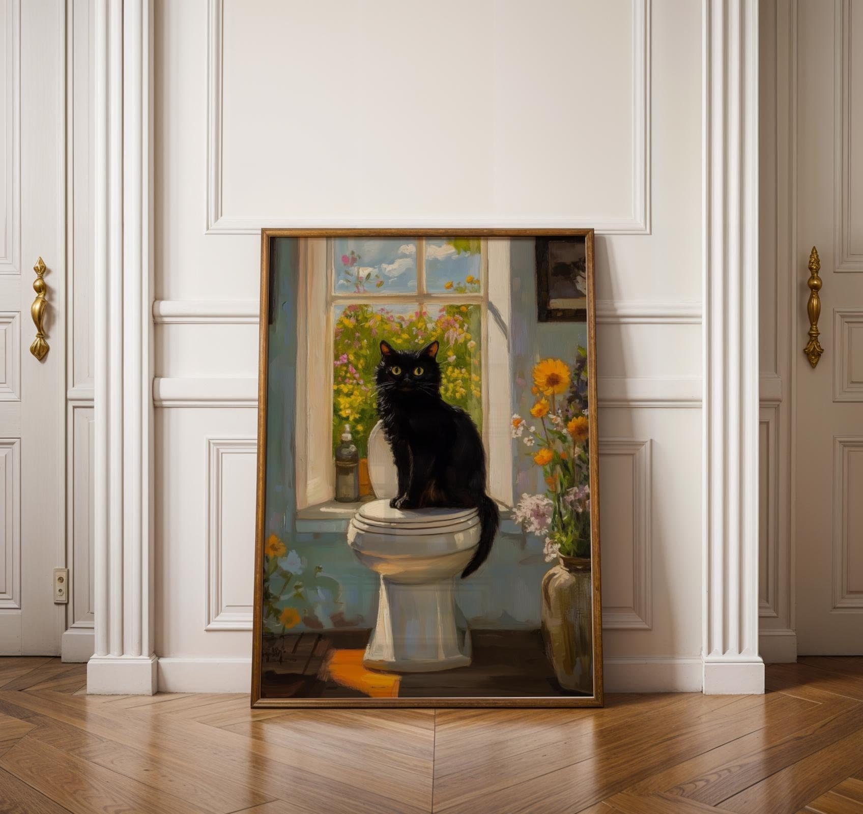 Vintage Black Cat on Toilet, Black Cat Oil Painting, Bathroom Cat Print, Funny Posters, Funny Bathroom Wall Decor, Quirky Cat Poster