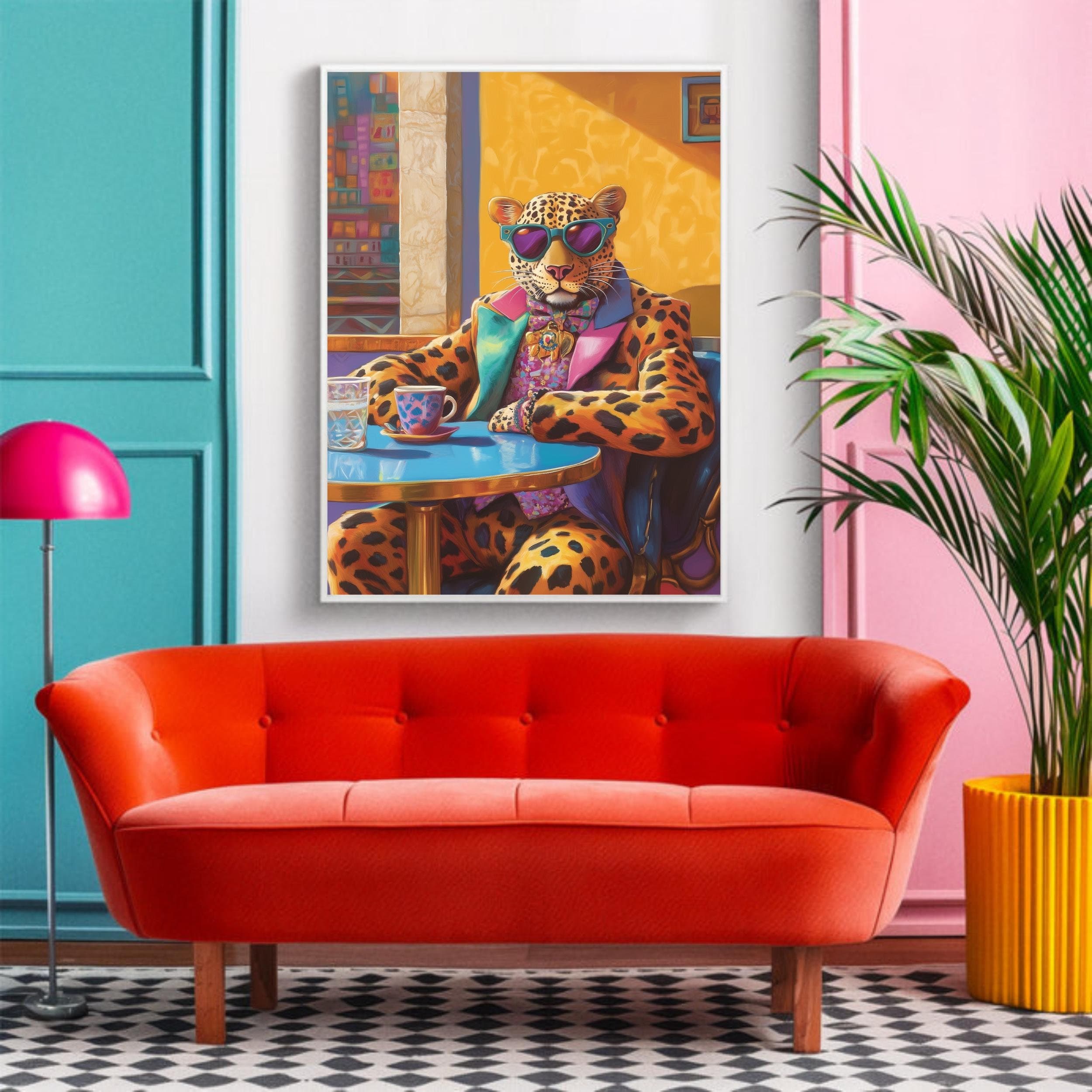Funky Leopard Print, Maximalist Eclectic Wall Art, Preppy Decor, Colorful Art, Apartment Decor, Dopamine Decor, Pink and Orange Wall Art - view 2