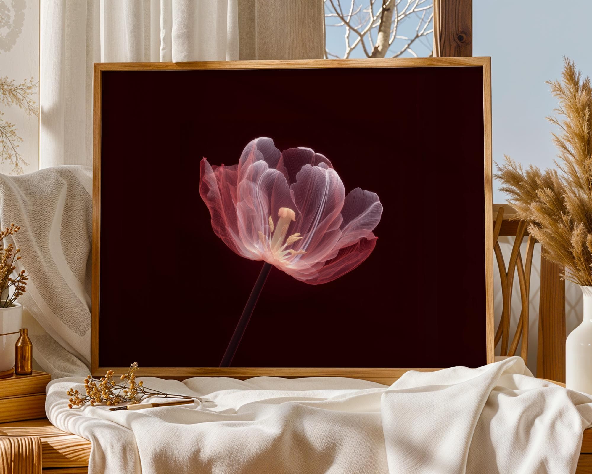 Red Tulip Flower Wall Art X-Ray Botanical Print, Moody Floral Print, Deep Burgundy Background, Pink Flower Wall Art, Tulip Art Print