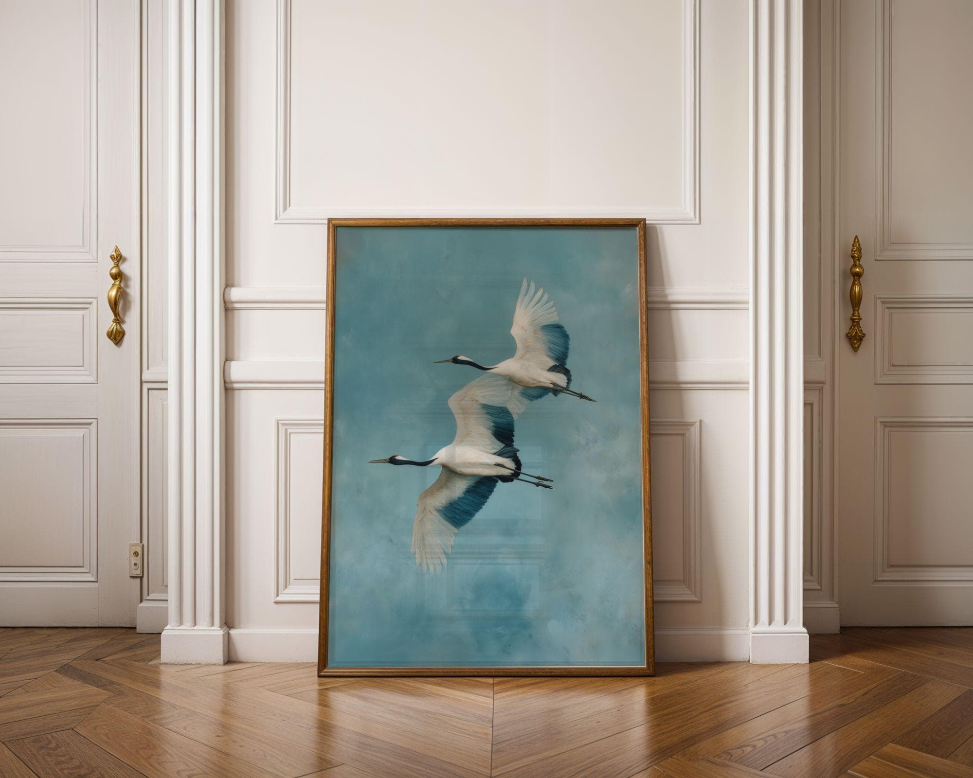 Japandi Crane Wall Art, Wabi-Sabi Decor | Twin Cranes in Flight, Calm Blues Print, Japandi Home Decor, Calming Wall Art, Digital Download