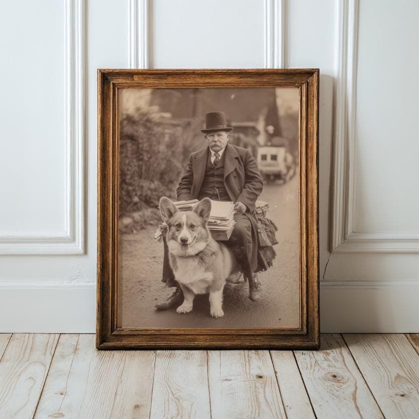 Vintage Man on Corgi Wall Art – Funny Sepia Dog Print, Funny Victorian Style Corgi Poster, Retro Animal Art, Quirky Dog Wall Print, Sepia