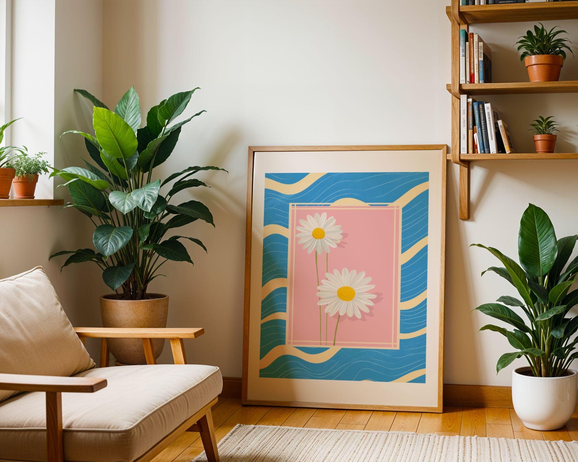 Daisy Flower Wall Art – Pastel Pink and Blue Retro Print, Coquette Room Decor, Cottagecore Daisy Poster, Coastal Floral Art, Pink Floral Art - view 5