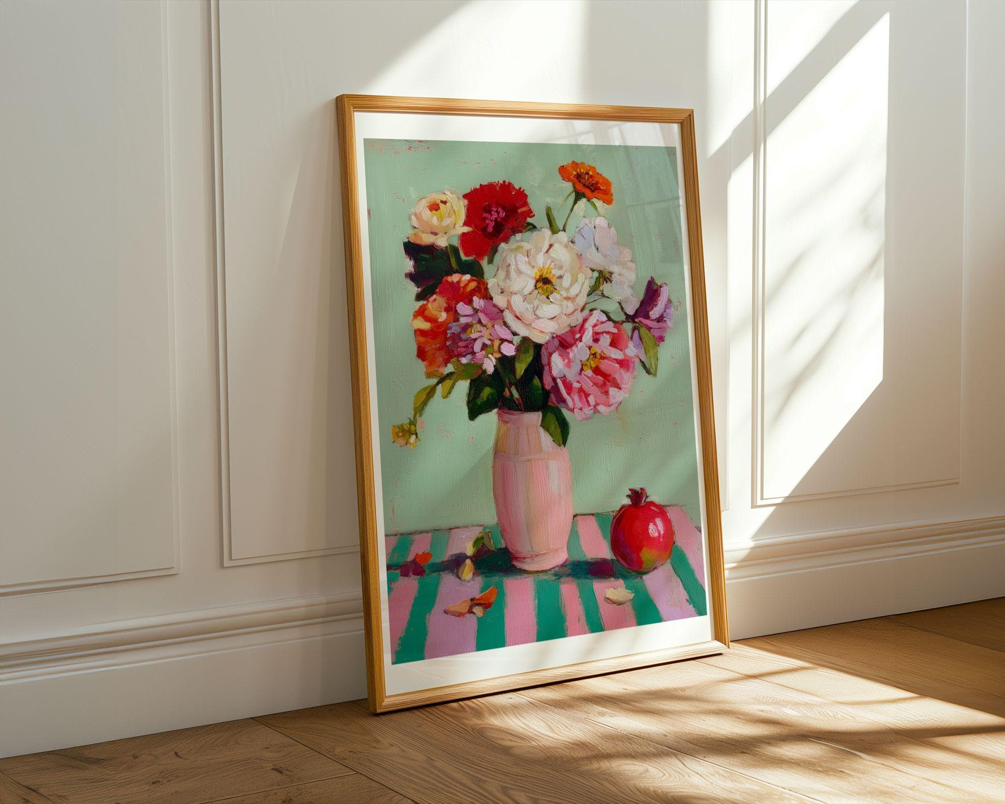 Colorful Floral Still Life Print – Pink Vase Bouquet, Mint Green Art for Kitchen, Colorful Floral Still Life Oil Painting Print, Flower Art - view 5