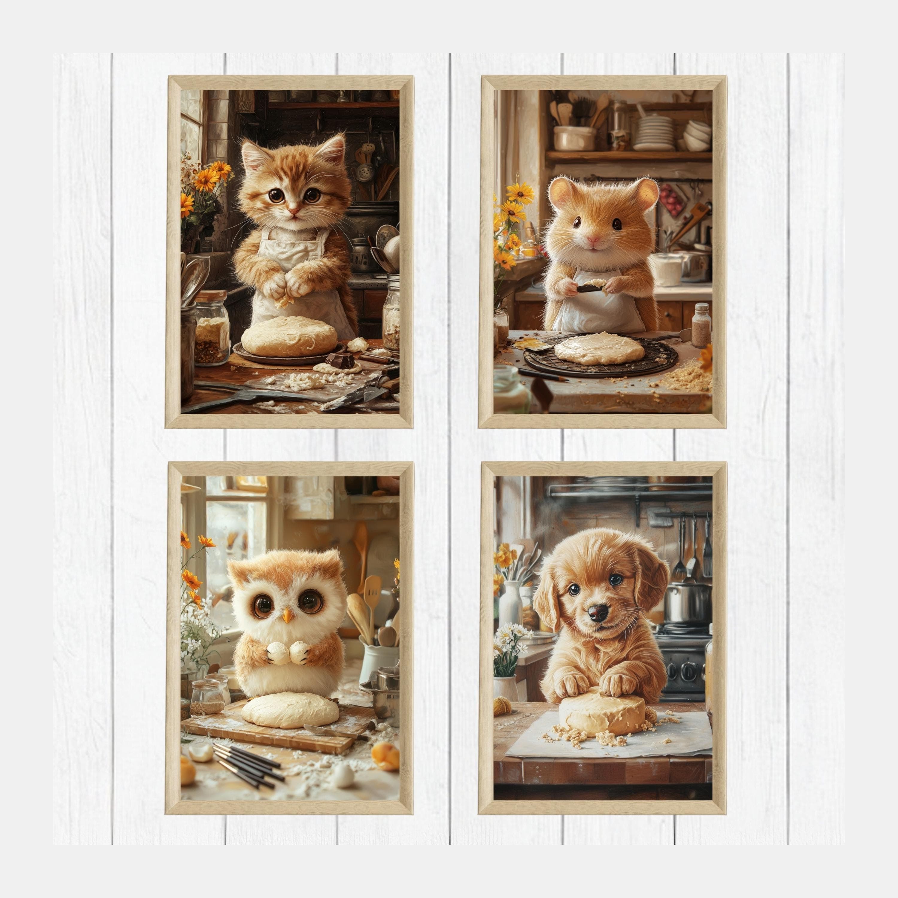 Cute Cooking Animal Wall Art, Kitchen Wall Art Print, Chef Art Print Digital Download, Whimsical Kitchen Animals, Chef Cat Dog Print