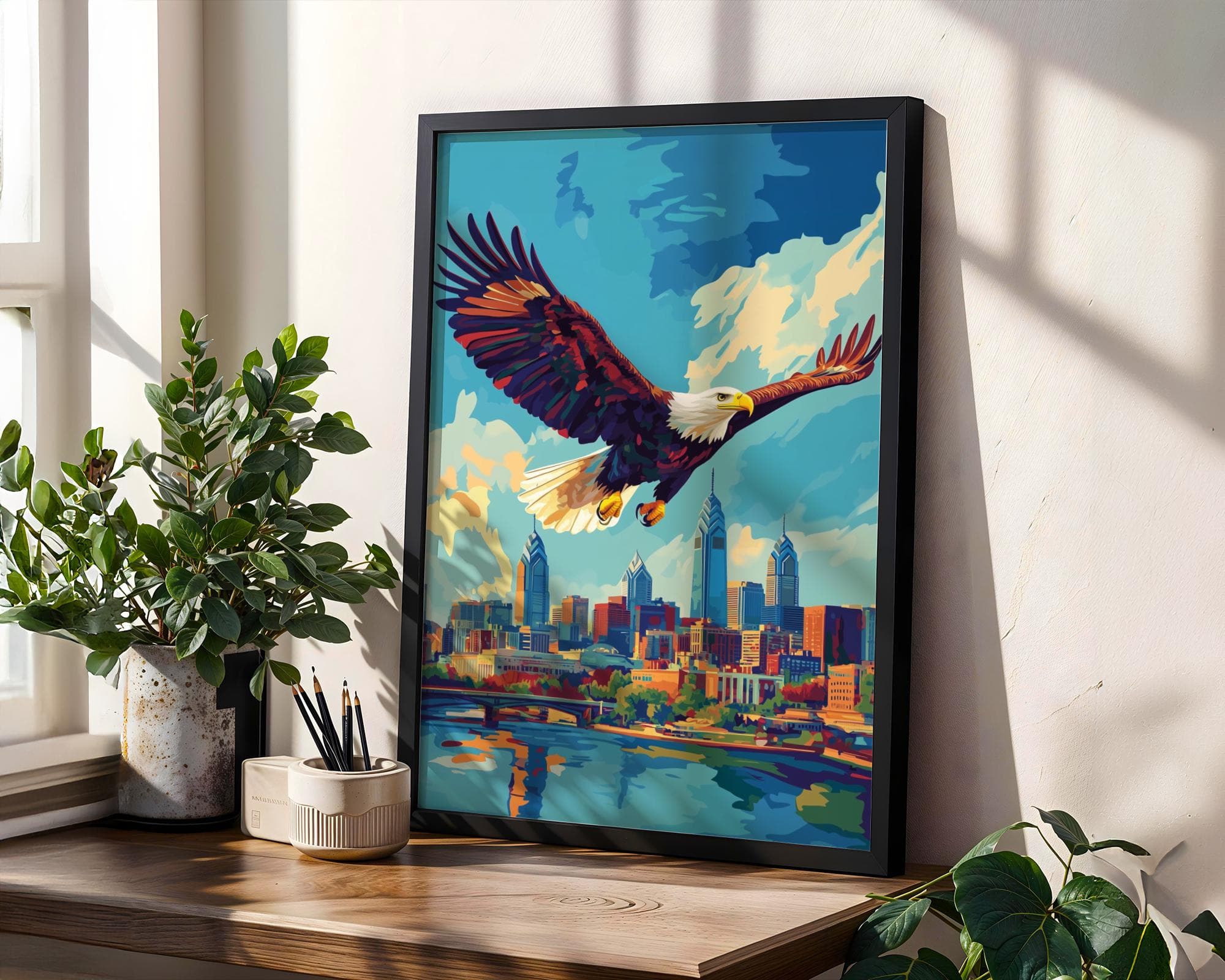 Philadelphia Wall Art, Blue Sky City Poster, Philadelphia Modern Decor, Majestic Eagle Print, Cityscape Painting, Digital Download - view 6