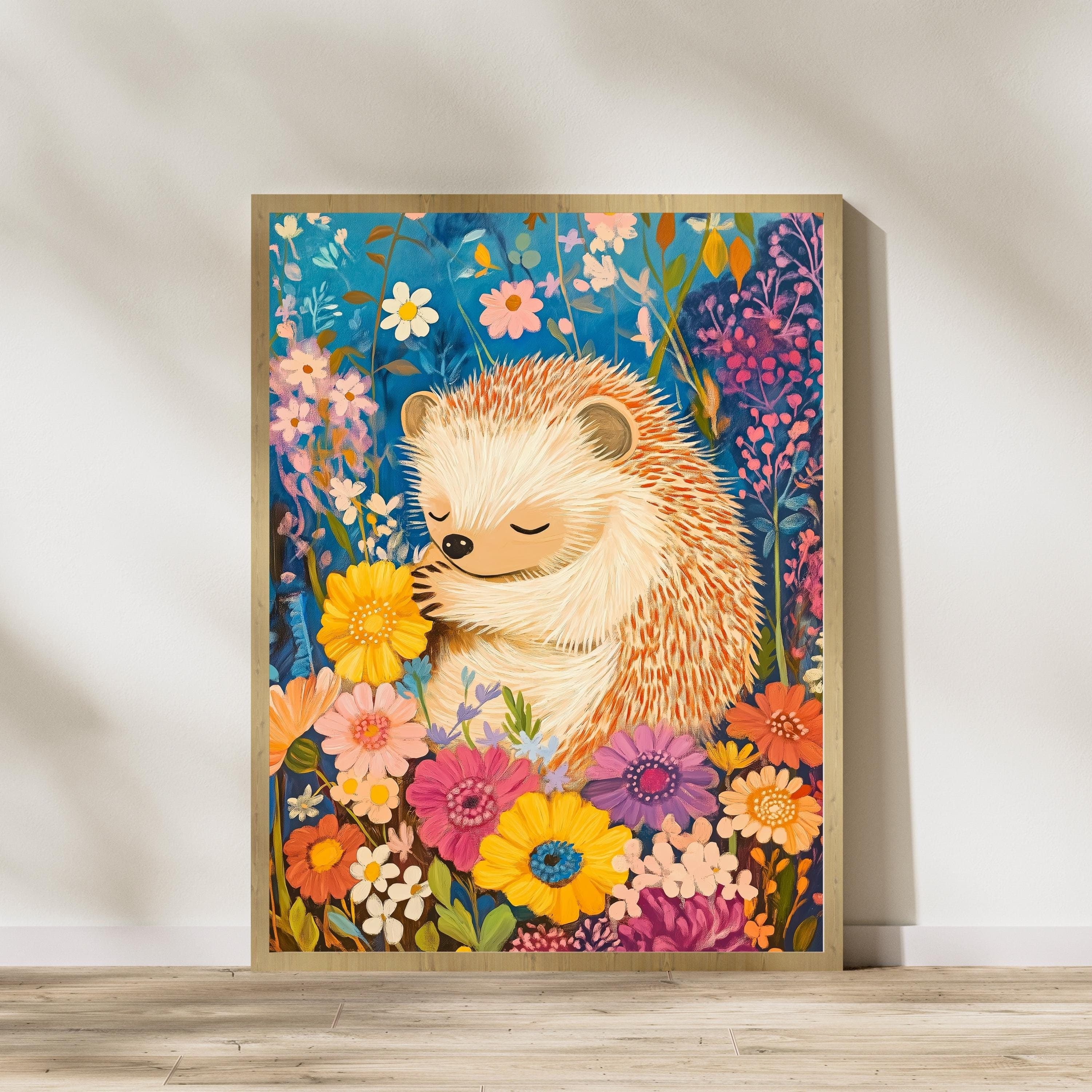 Whimsical Hedgehog Wall Art, Colorful Animal Nursery Art, Nature Wall Decor, Whimsical Hedgehog in Flower Garden, Oil Painting Hedgehog Art
