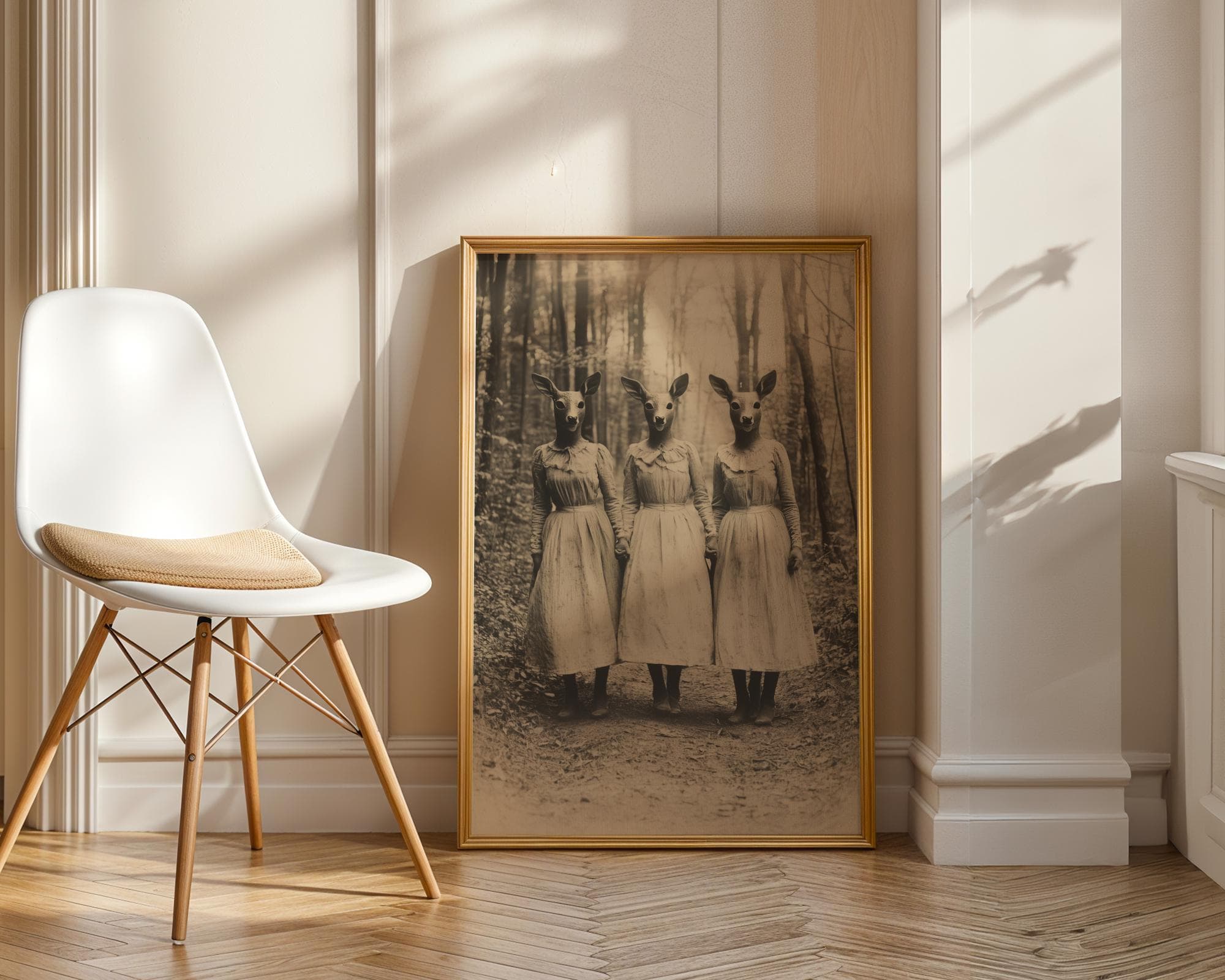 Vintage Surreal Deer Mask Women Wall Art β Spooky Forest Print, Surreal Wall Art, Spooky Surreal Wall Decor, Gothy Sepia Fantasy Wall Decor - view 4