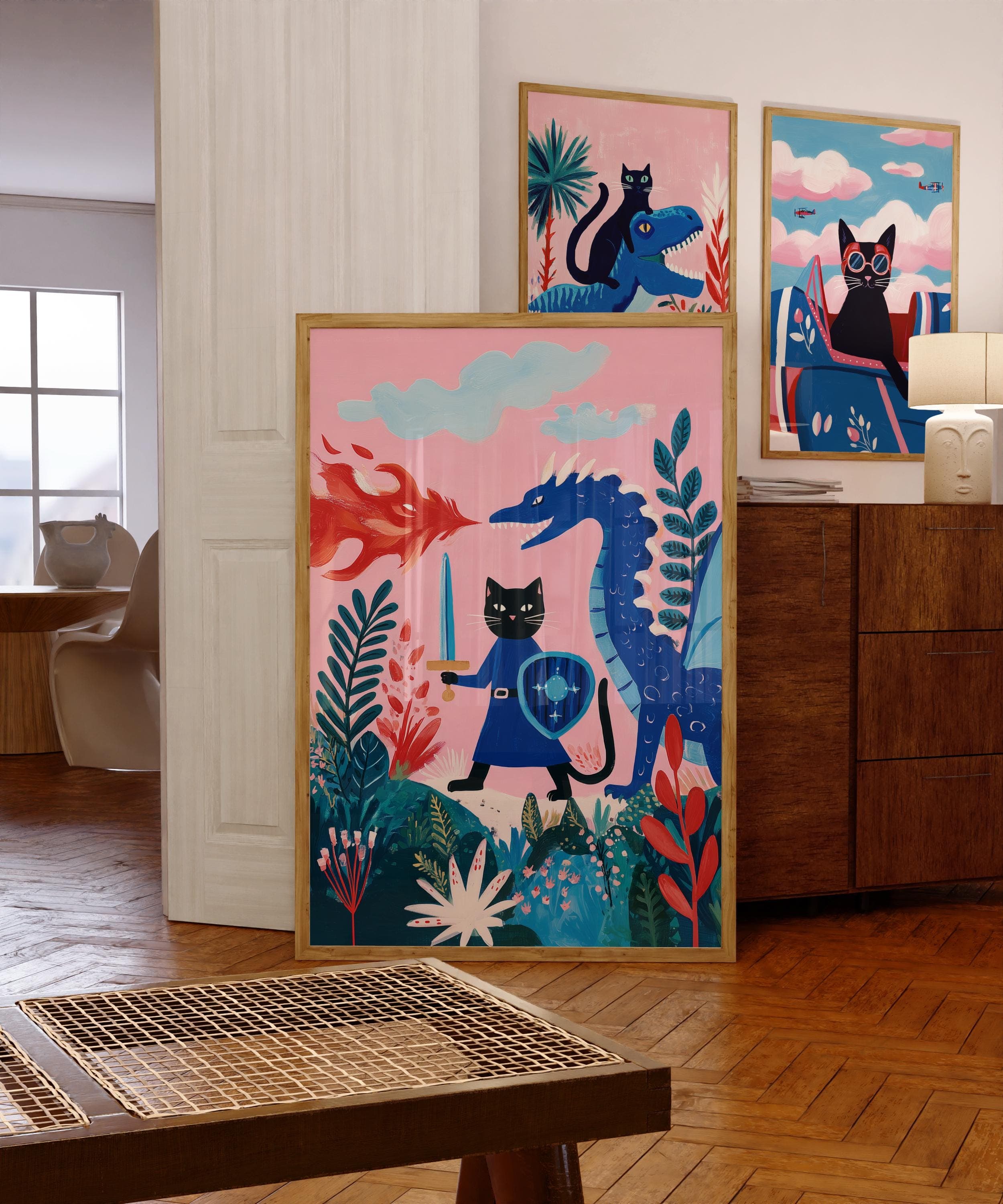 Fantasy Cat Knight Wall Art – Whimsical Dragon Battle Print, Pink Fantasy Kids Wall Art, Whimsical Black Cat Wall Art, Digital Download