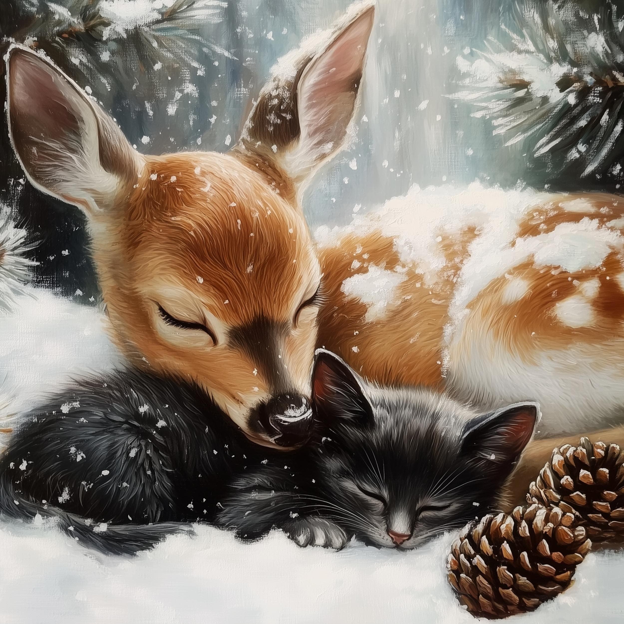 Fawn and Black Cat Christmas Poster, Baby Deer and Kitten Xmas Cat Wall Art, Winter Animal Wall Decor, Farmhouse Holiday Decor, Digital Art - view 2