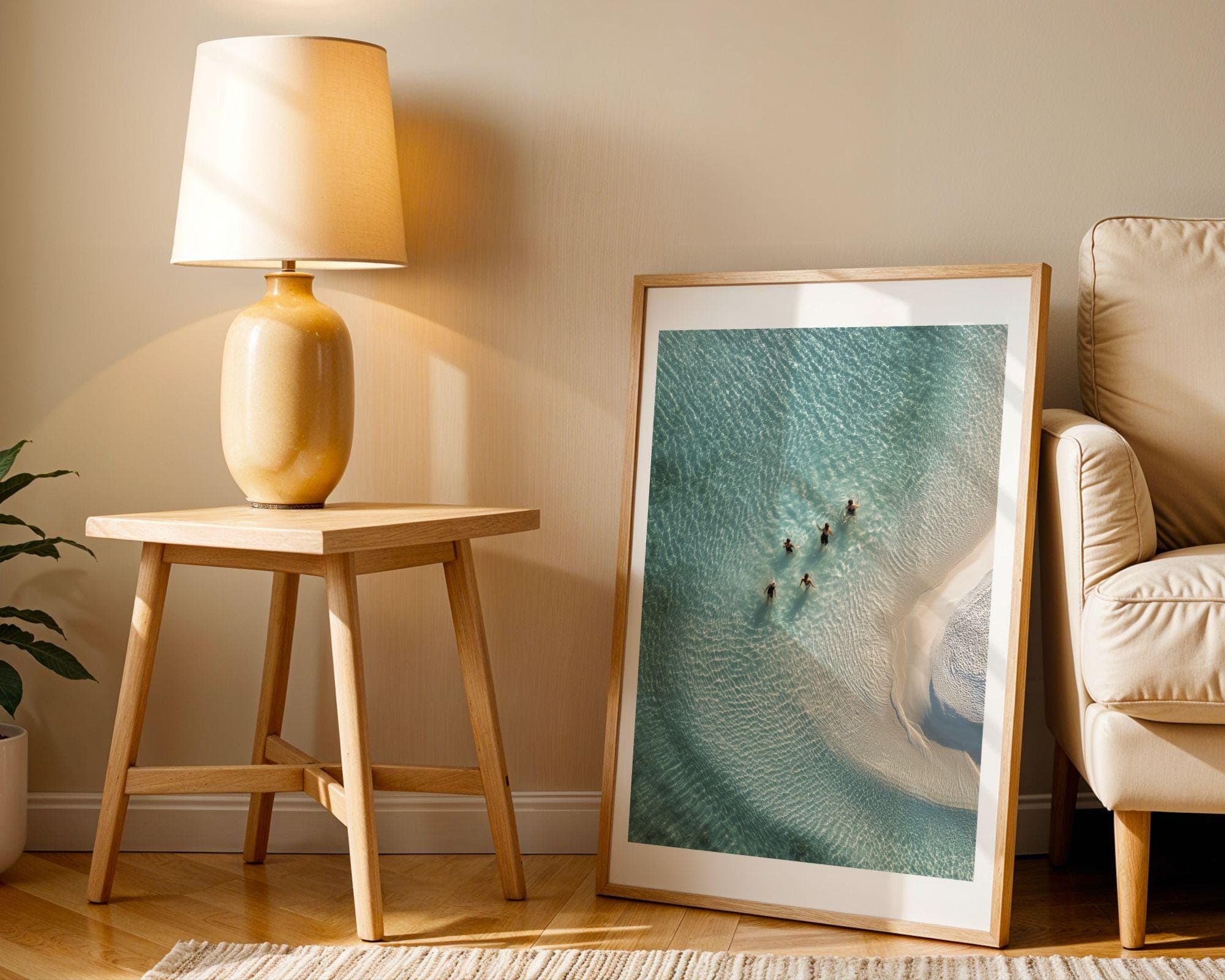 Aerial Ocean Print, Tropical Wall Art, Minimal Coastal Print | Swimmers in Aqua Ripples, Aerial Beach Art Print, Turquoise Lagoon Wall Decor - view 8