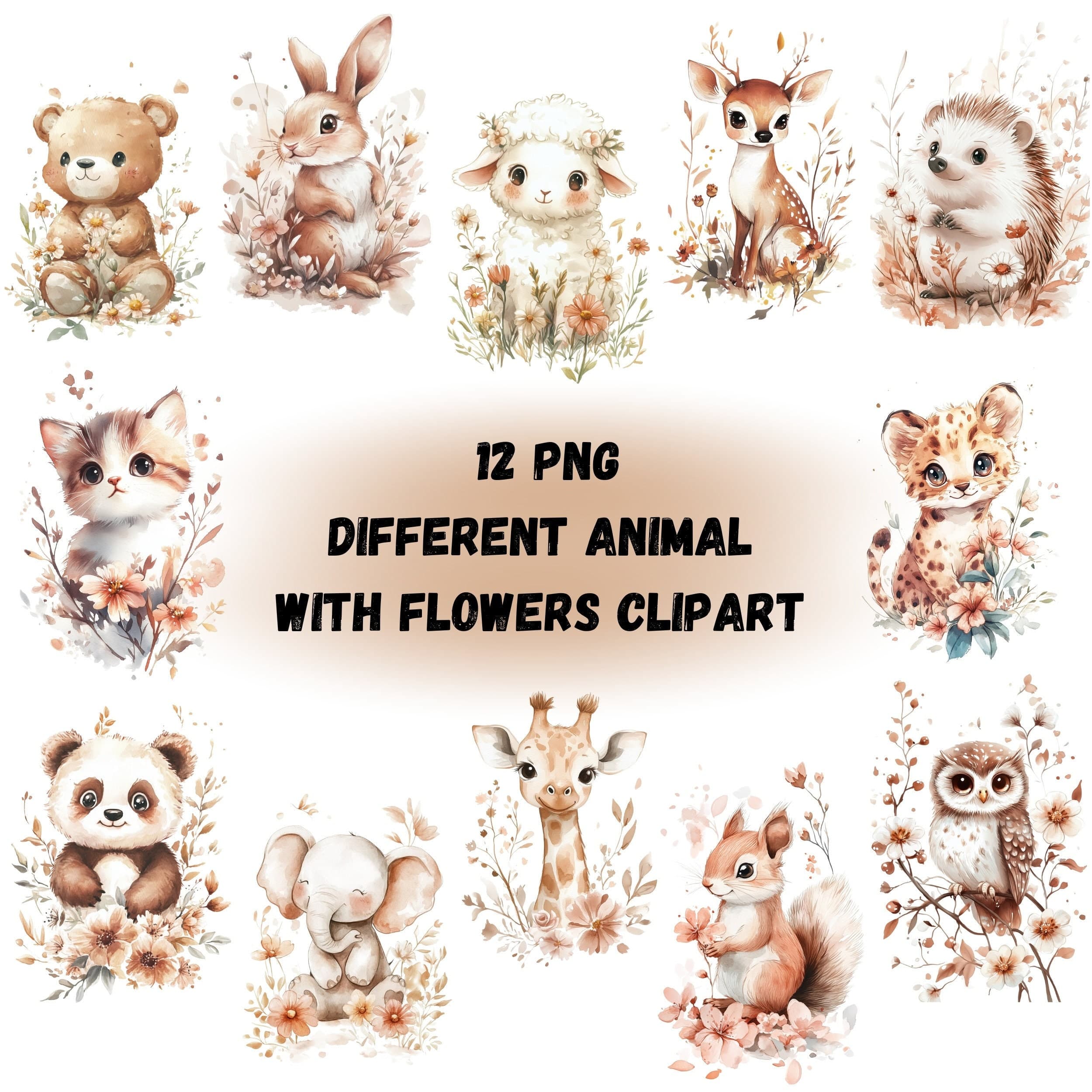 Watercolor Cute Animals Clipart, Watercolor Animals, Cute Animal Bundle, Animal Doodle, Printable Animals, Nursery Baby Animals, Baby Shower