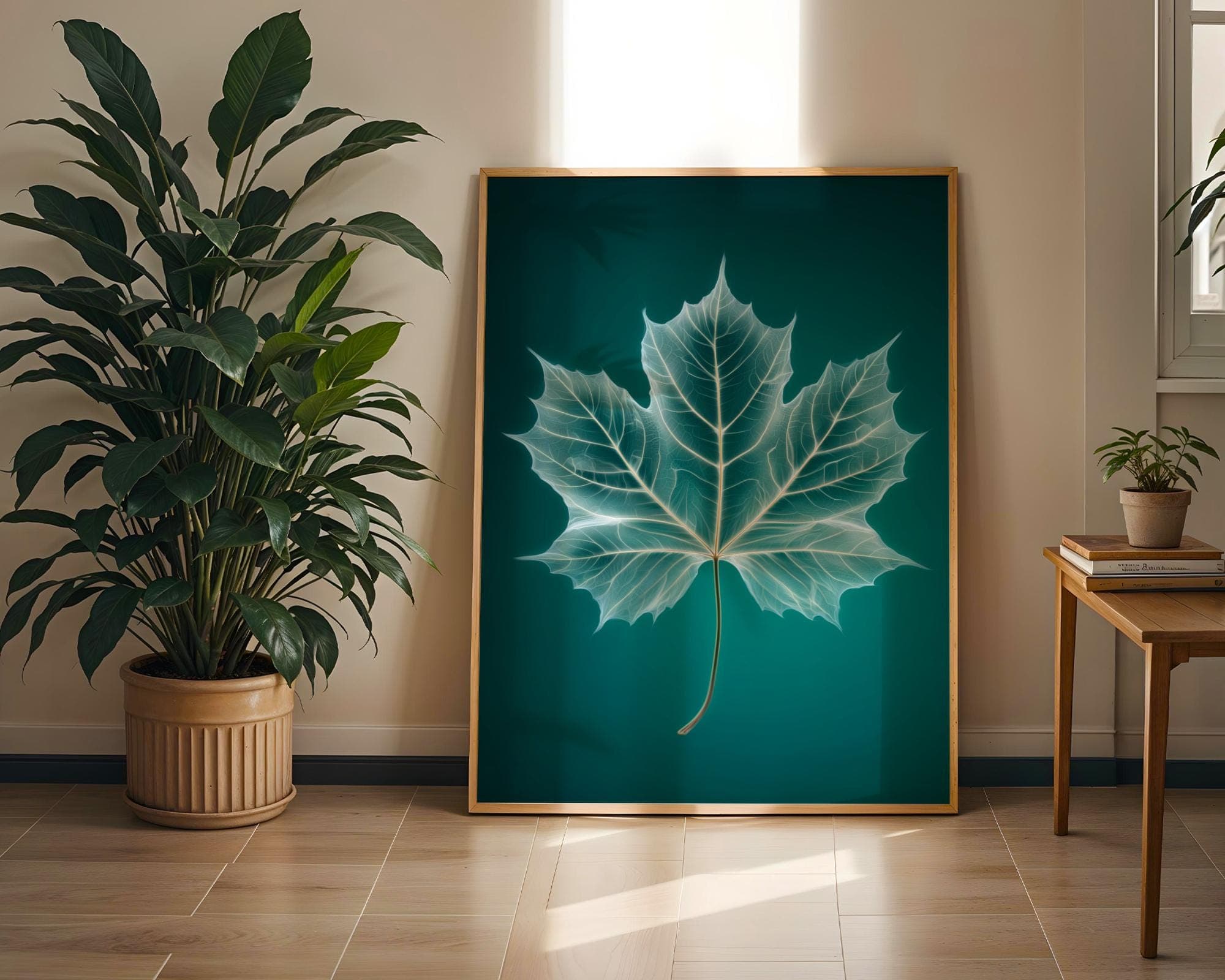 X-Ray Maple Leaf Wall Art Print, Botanical Minimalist Nature Decor, Modern Botanical Poster, Teal Maple Leaf Art, Nature Lover Wall Decor - view 2