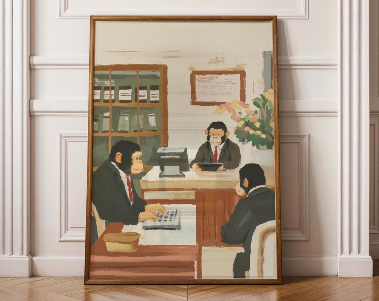 Vintage Monkey Office Painting, Quirky Wall Art, Retro Office Humor Art, Fun Vintage Painting, Funny Wall Print, Digital Download, Printable