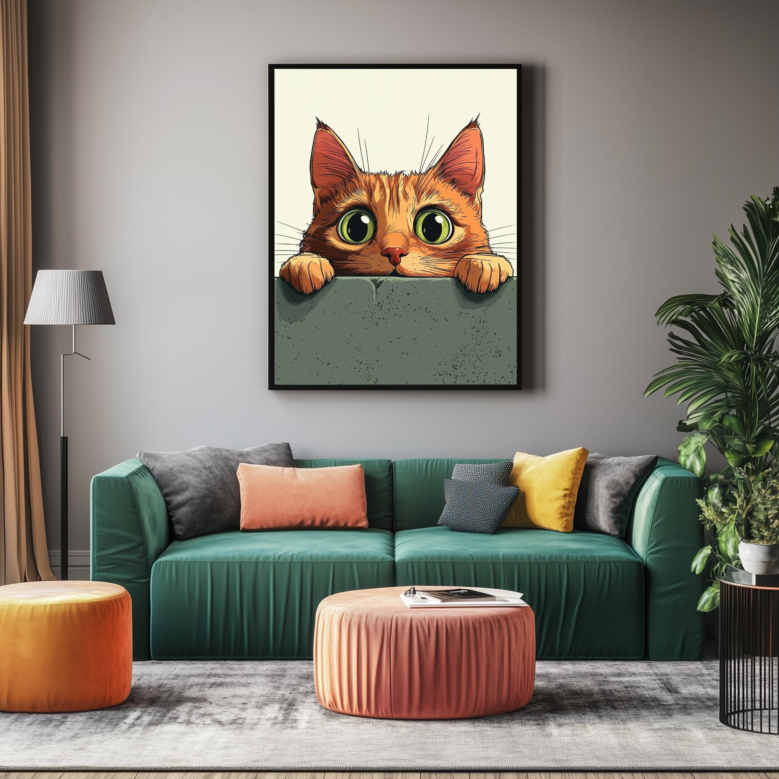 Whimsical Cat Peeking Art Print, Colorful Digital Wall Decor, Cute Cat Peeking Wall Art, Playful Wall Decor for Kids' Room, Ginger Cat Art - view 4