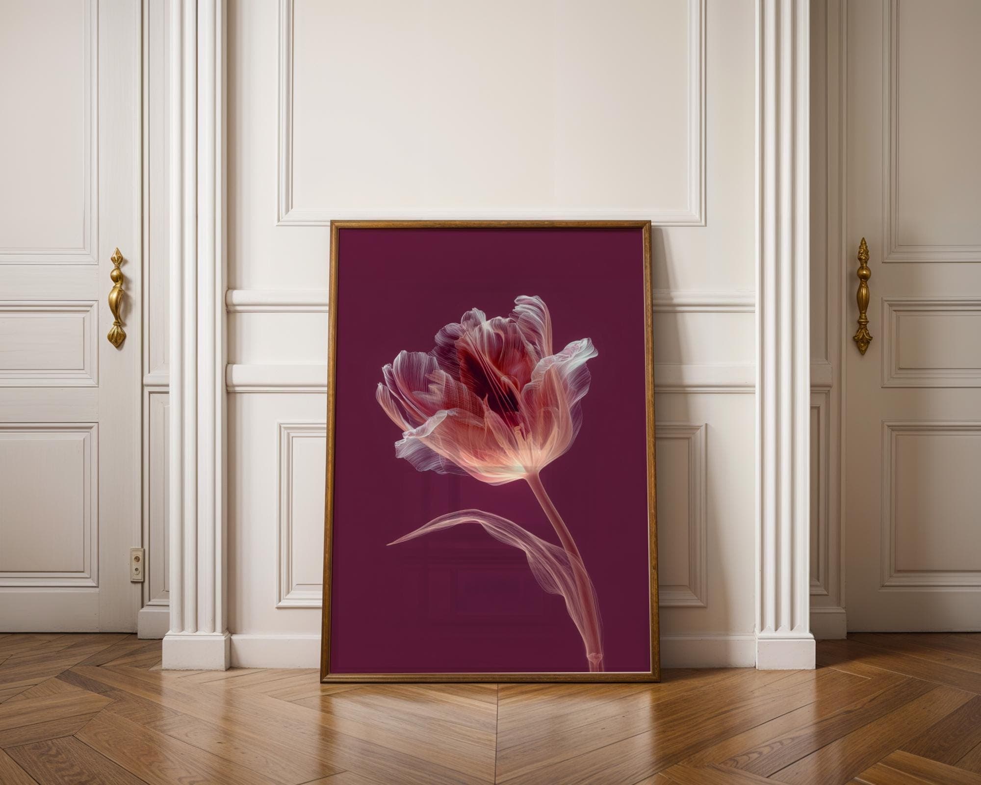 X Ray Tulip Flower Wall Art Botanical Burgundy Pink Radiograph Floral Print Minimal Nature Decor, Floral Botanical Poster, Pink Tulip Print
