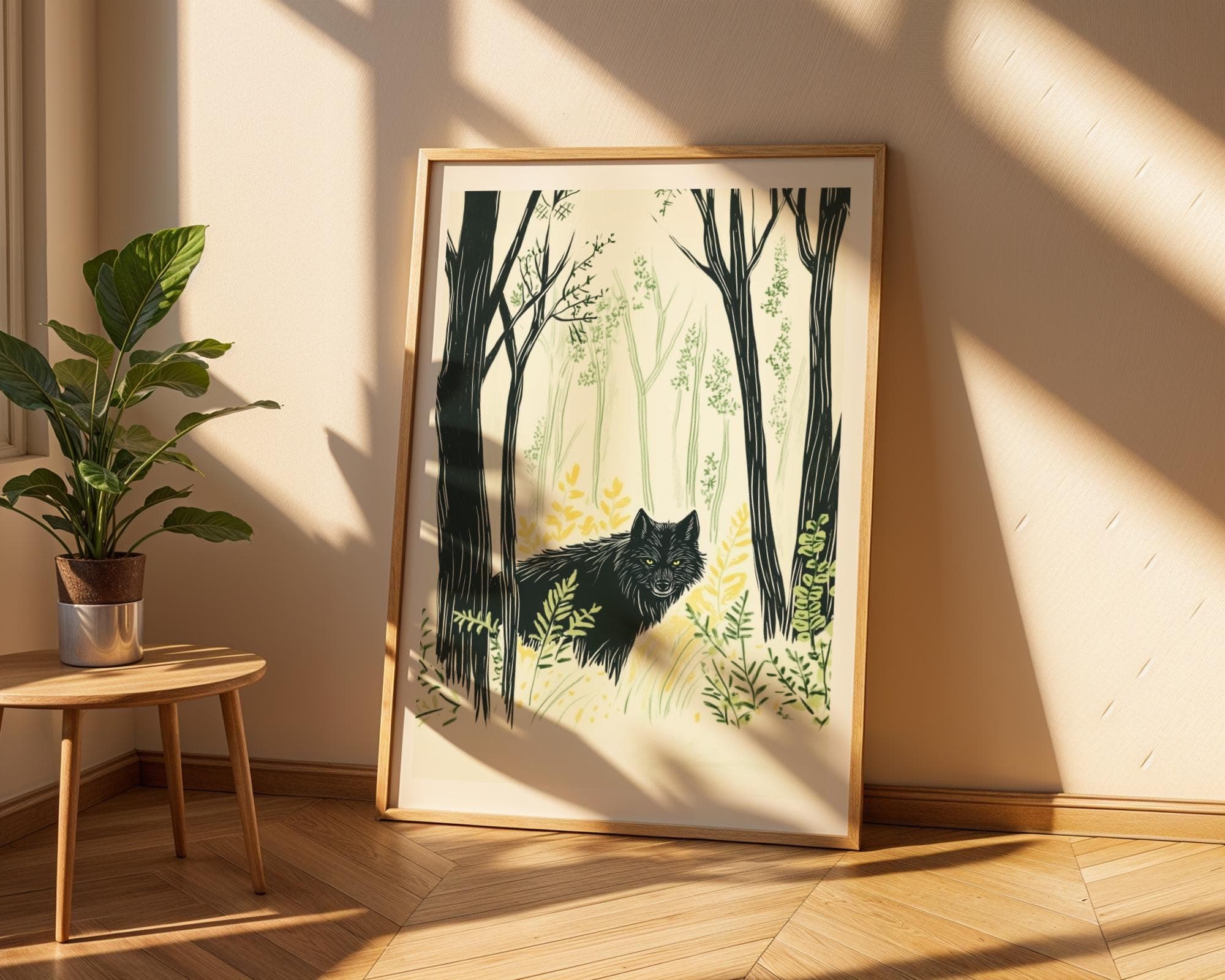 Mystical Black Wolf Wall Art, Rustic Black Wolf Painting, Forest Animal Print for Nature Lovers, Wildlife Art, Digital Download, Wolf Poster - view 3