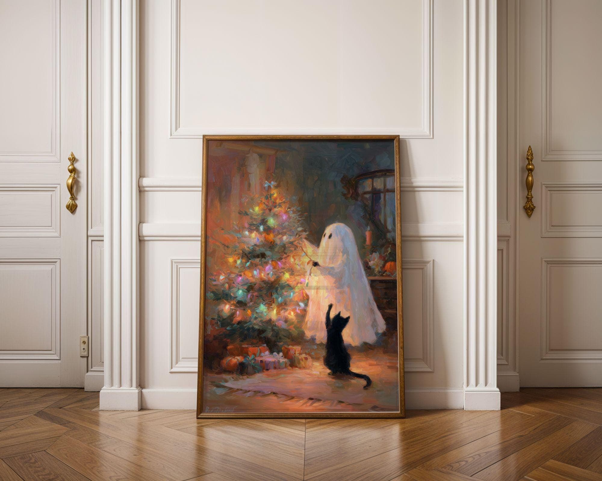 Ghost and Black Cat Christmas, Whimsical Black Cat Art, Funny Black Cat Poster, Whimsical Ghost Christmas Art, Vintage Ghost Christmas