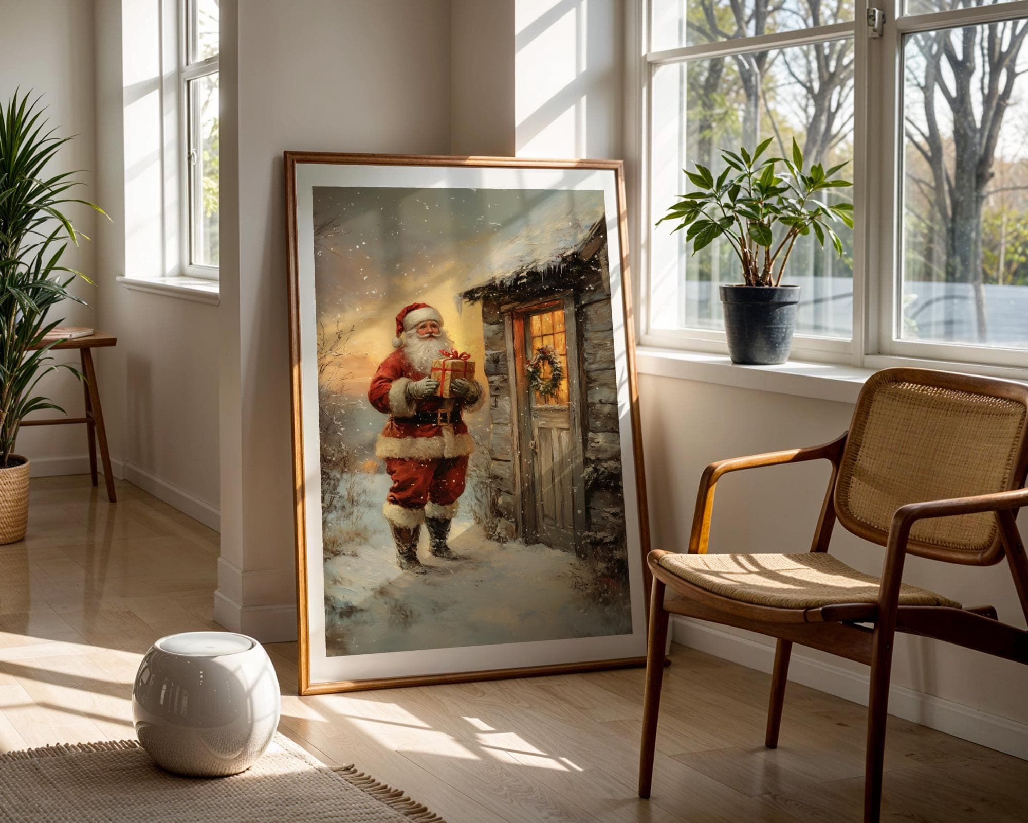 Santa Delivering Christmas Gift Poster, Digital Download, Christmas Eve Santa Art - Winter Wonderland Rustic Decor,Holiday Wall Art Painting - view 7