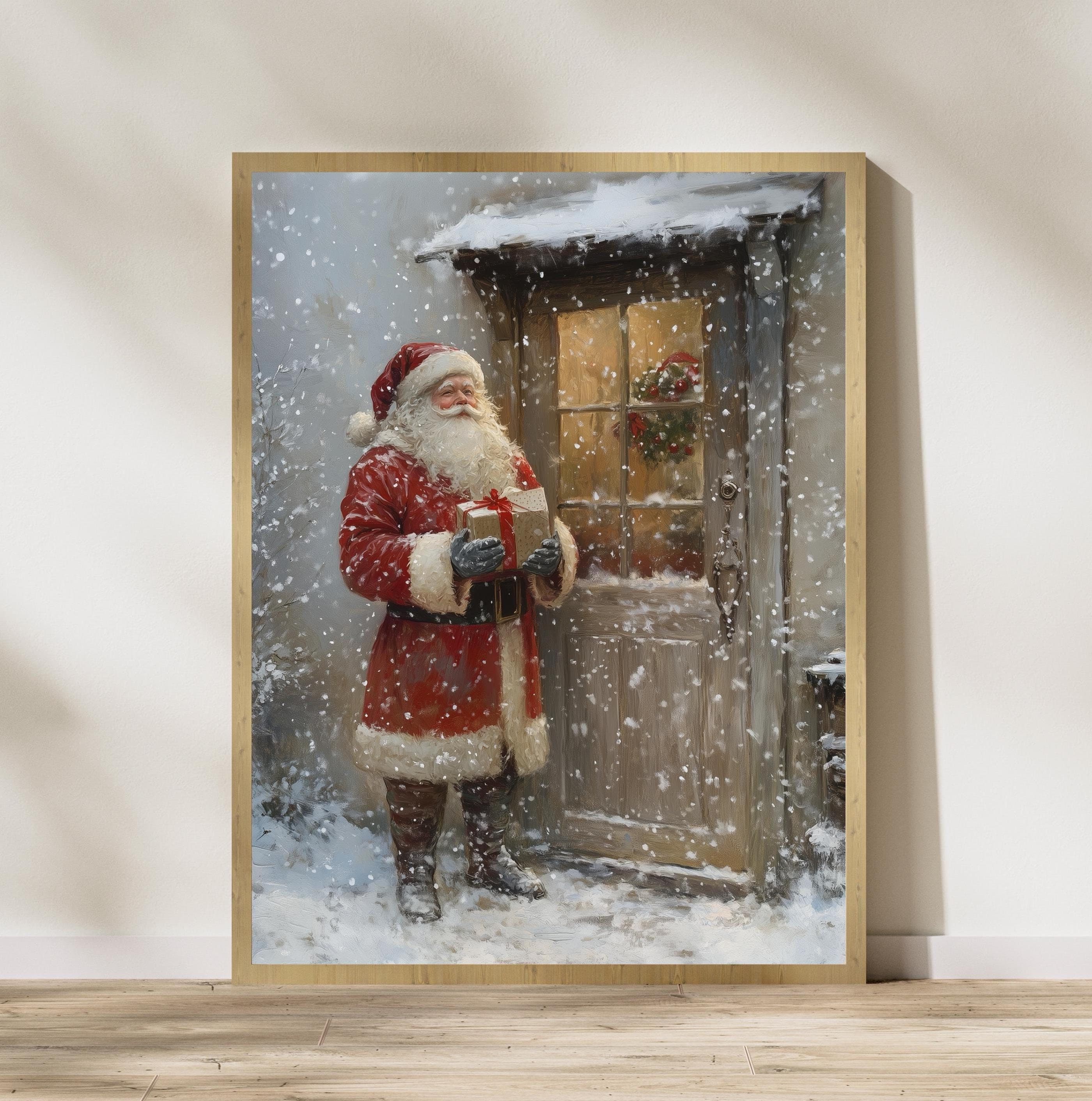 Santa with Gift at Door Art, Cozy Holiday Wall Canvas for Christmas, Rustic Santa Wall Art, Traditional Santa Claus Art, Digital Download