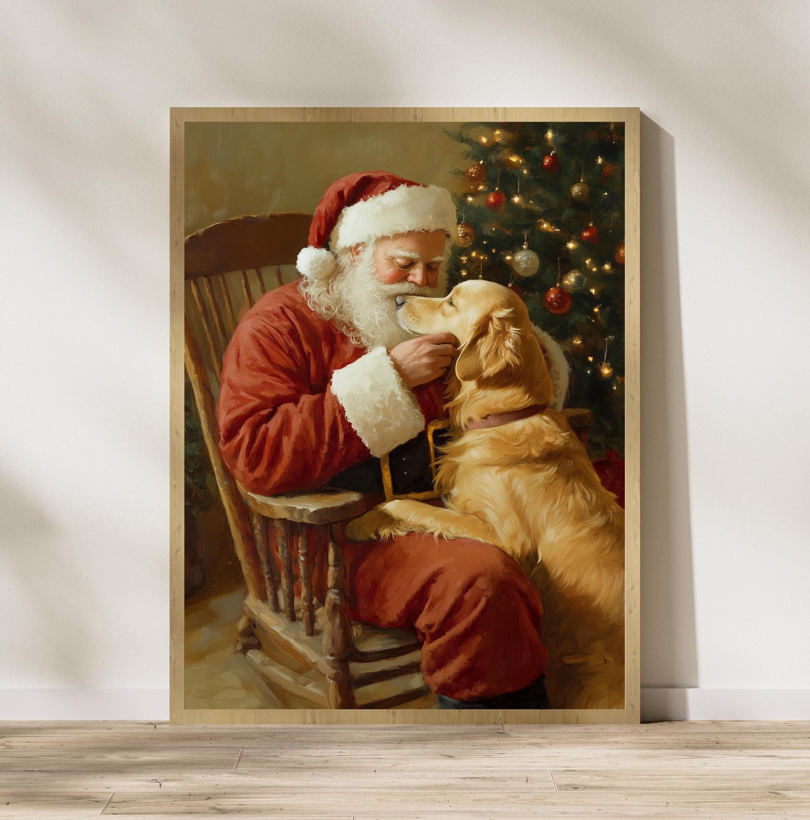 Santa Claus with Golden Retriever - Heartwarming Christmas Wall Art Print, Heartwarming Holiday Art, Cozy Vintage Christmas Wall Art