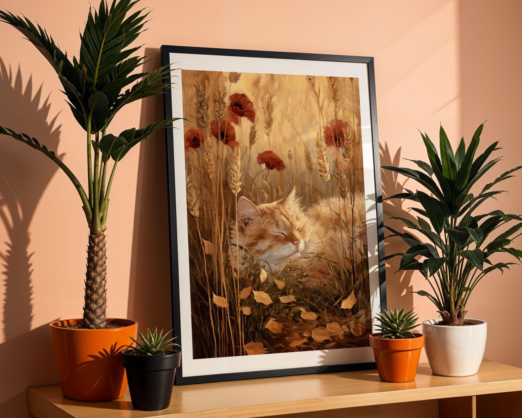 Cat Wall Art Print | Ginger Cat in Poppy Field, Cottagecore Cat Poster | Sleeping Tabby in Wheat, Nature Cat Poster, Tabby Cat in Wildflower - view 5